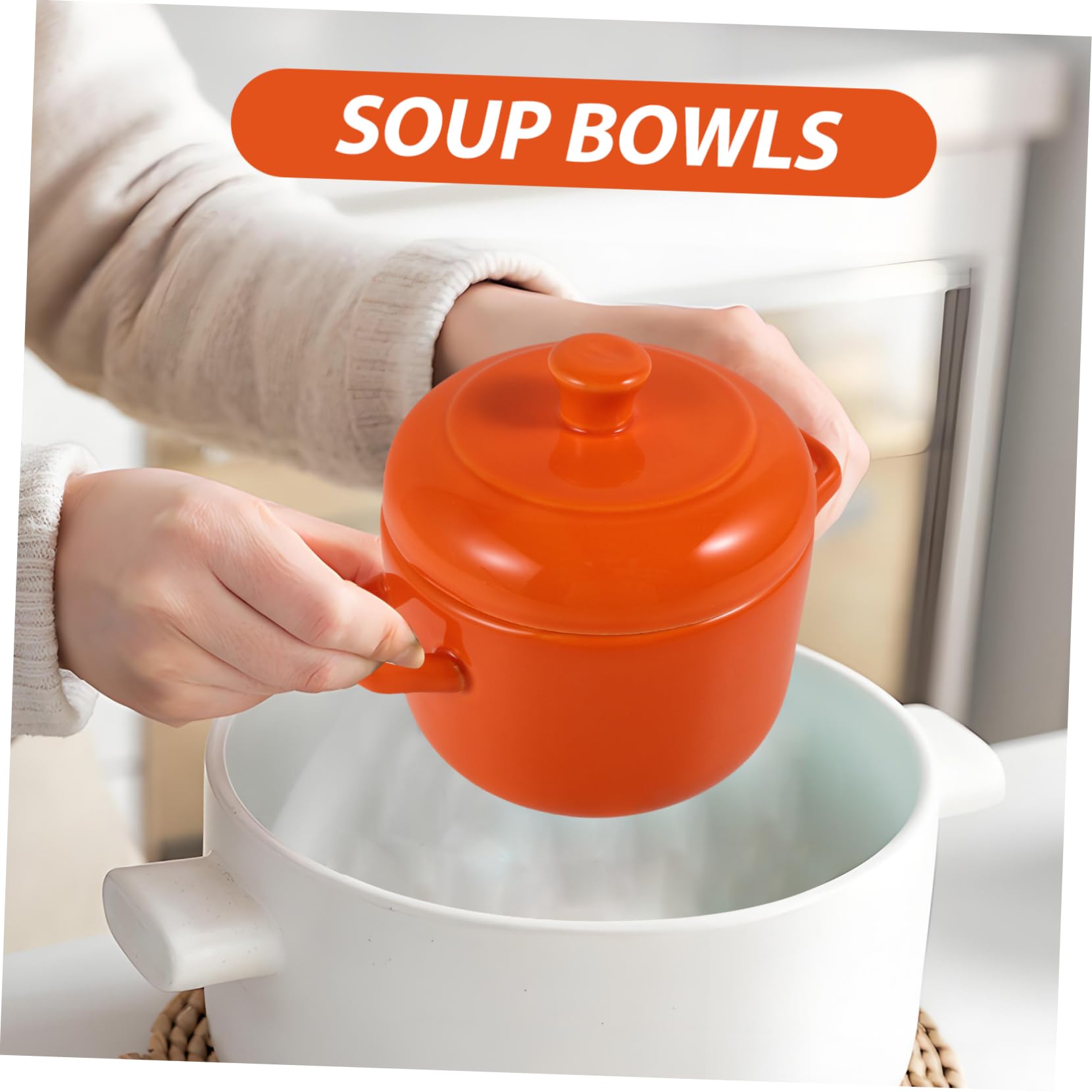 Cabilock Cuenco Tazón para Sopa de Cerámica con Tapa, 600 Ml, Doble Asa, para Guisos y Estofados en Uso Diario