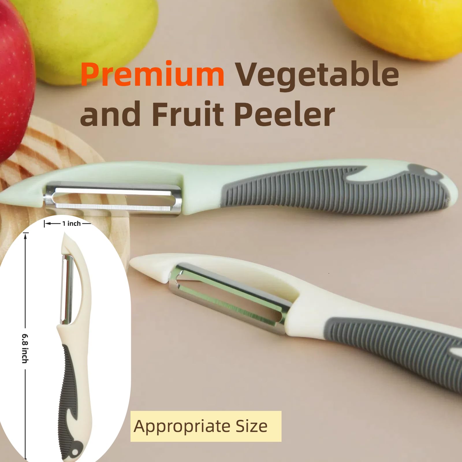Pelador de verduras y frutas de acero inoxidable, accesorio giratorio recto para cocina, ideal para pelar zanahorias, pepinos, patatas, con mango ergonómico, antideslizante y bonito (blanco