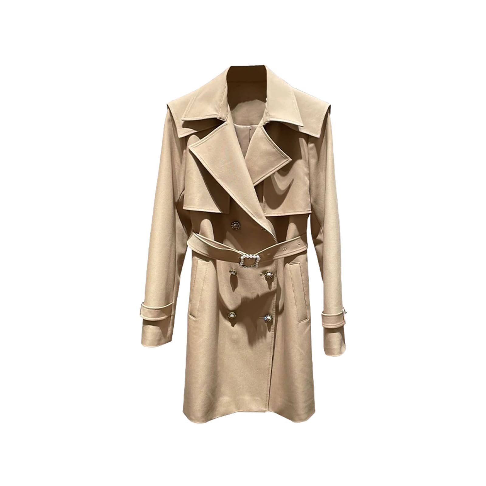 Womens Khaki Trench Coat Elegant Spring Double-breasted Belt Medium Length Jackets