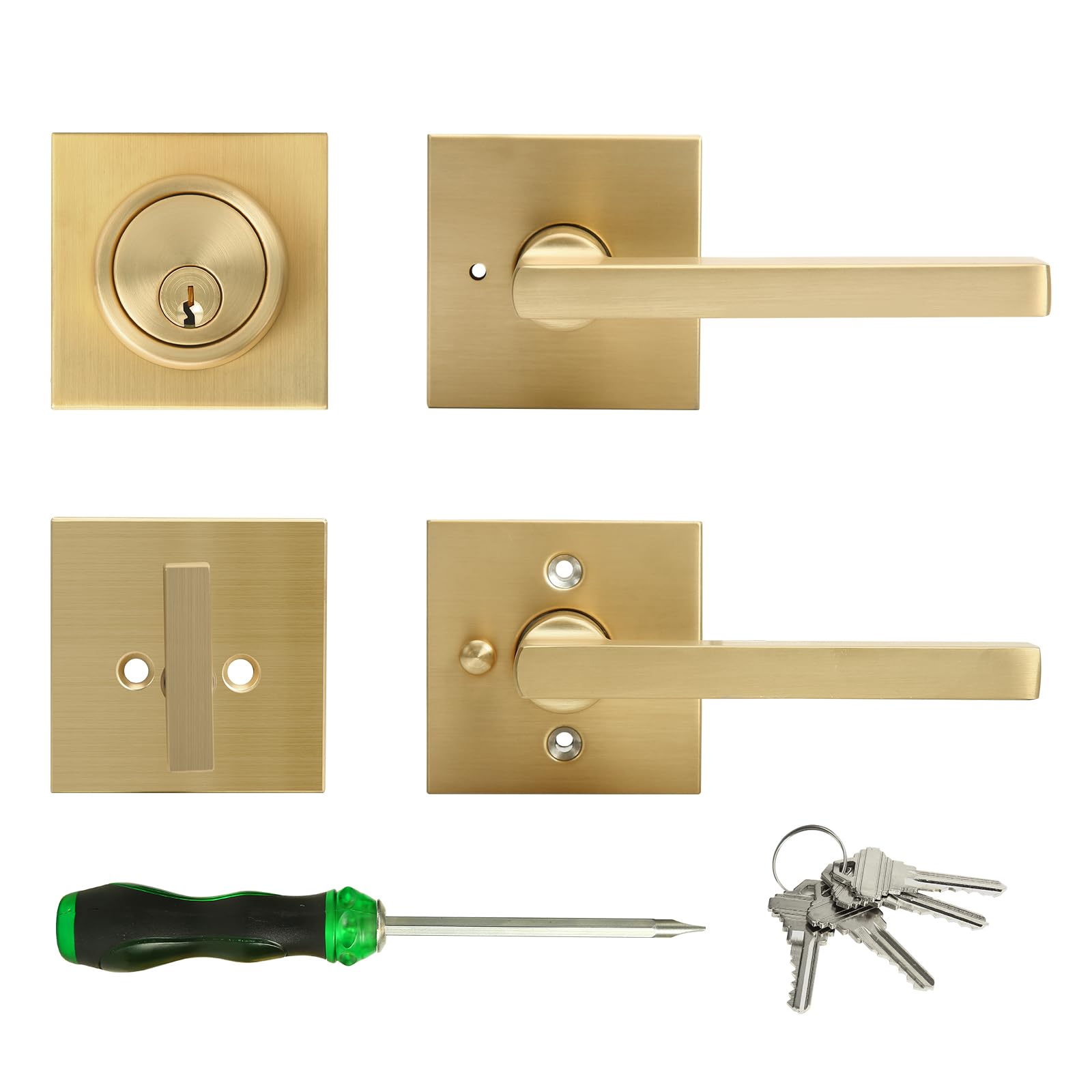 Cielsa Dawn Gold Heavy Duty Privacy Lever Door Handle and Single Cylinder Deadbolt Lock and Key Combo Pack - Locking Lever Set for Left or
