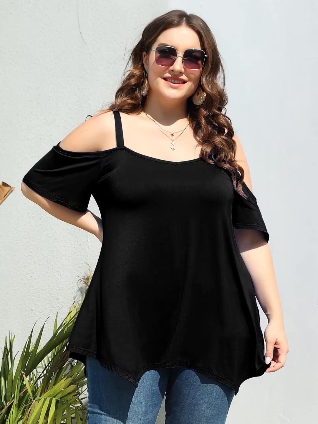 LARACE Cold Shoulder Tops for Womens Summer Clothes Spaghetti Strape Tunic Oversized Shirts Asymmetrical Plus Size Blouse - Image 4