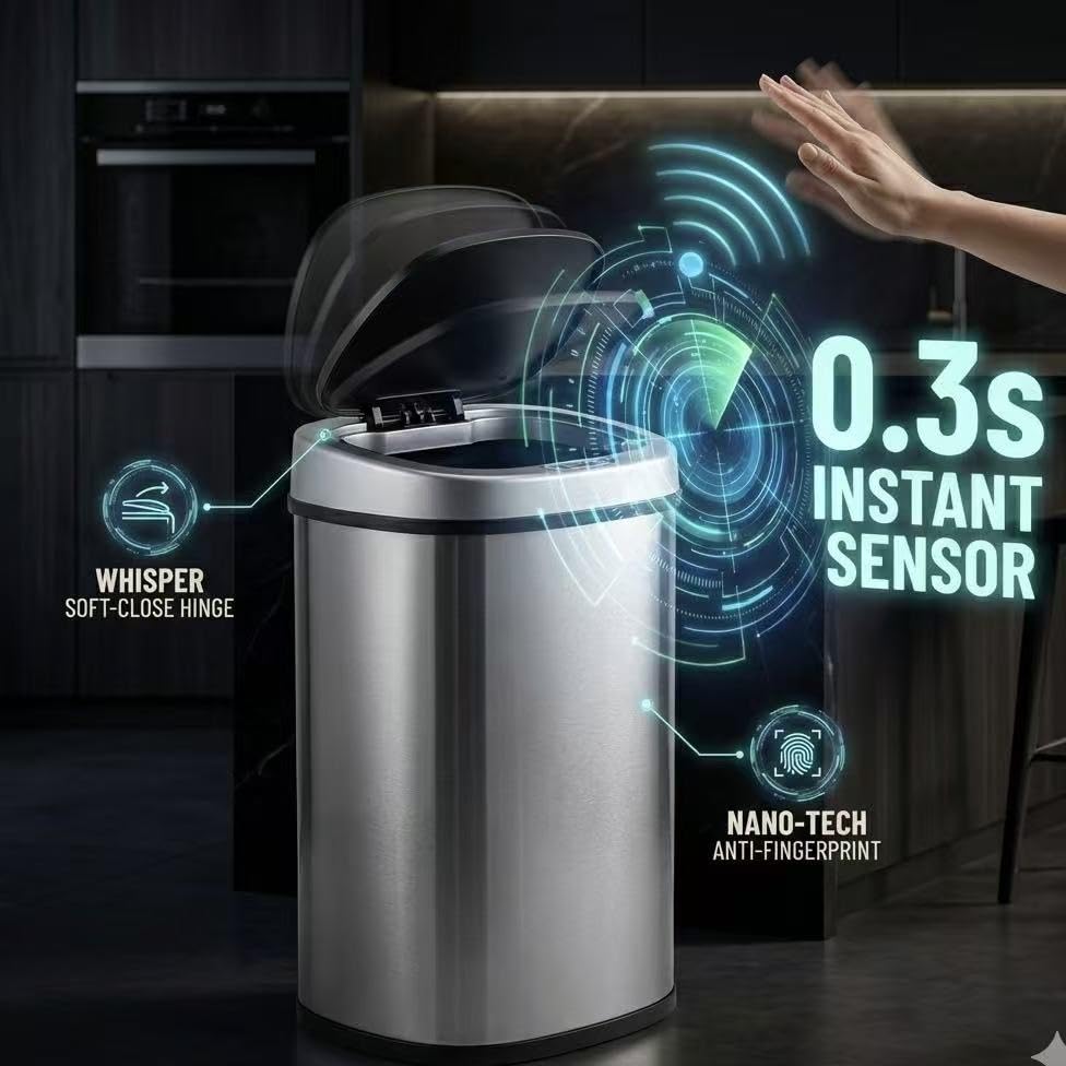 Miniatura 3 de Bote de basura con sensor de movimiento sin contacto de 10 galones, acero inoxidable, tapa automática, resistente a las huellas dactilares, cierre