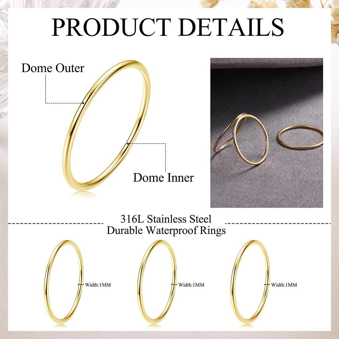 7 Pezzi Anelli Impilabili In Acciaio Inox Da Donna, Thin Plain Band Rings Stackable Knuckle Rings, Comfort-Fit 3/4/5/6/7/8/9-D'oro