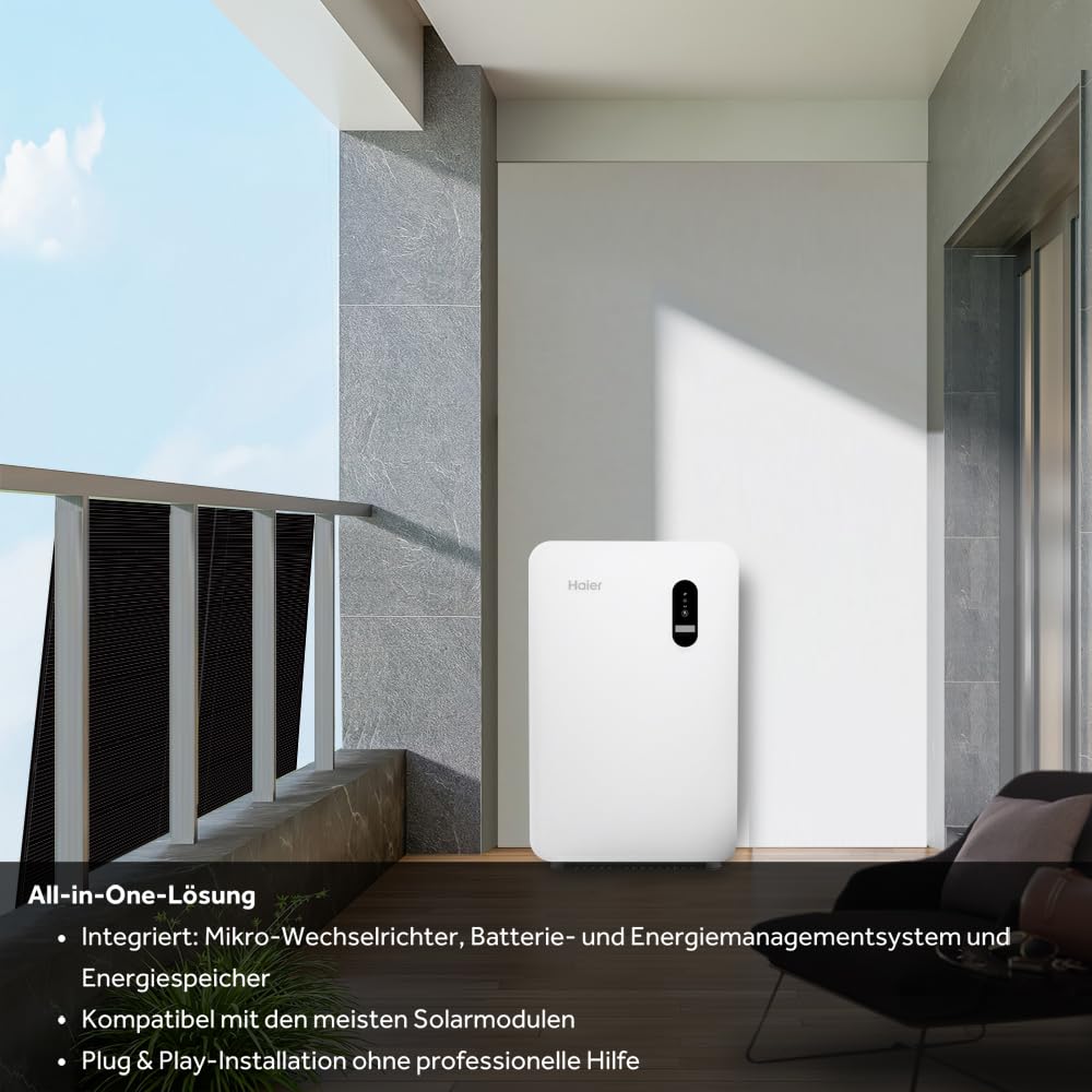 Haier GLORIA Smarter All-In-One Stromspeicher für Balkonkraftwerke, 2,5 kWh Kapazität, 800 W Mikro-Wechselrichter, 2400 W EPS-Anschluss, OTA-Upgrade, IP54, WLAN