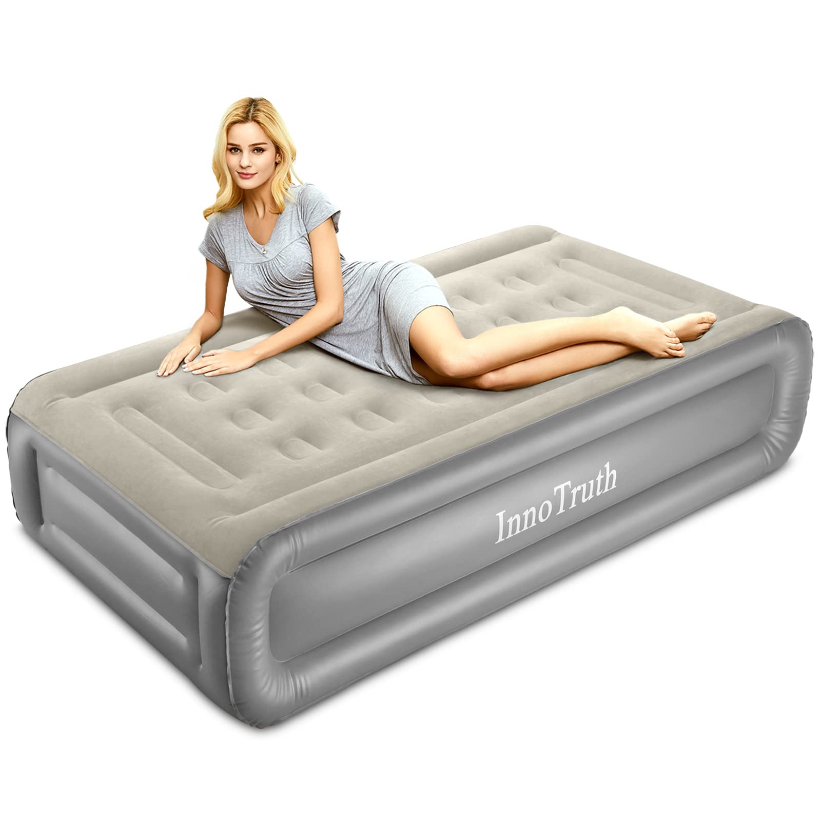 InnoTruth Raised Air Mattress with Built-in Pump, Elevated Inflatable Mattress with Carrying Bag for Home and Camping, Twin Size Blow Up Bed, Gray, Twin (78"x40"x18")