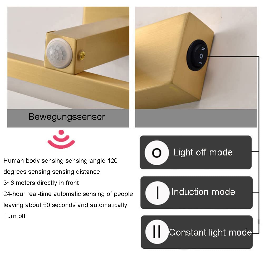 Espejo de luz LED de latón con sensor de movimiento, lámpara de pared de maquillaje para baño, iluminación frontal de tocador con interruptor, ángulo ajustable, blanco cálido 4000K, 12W / 58CM