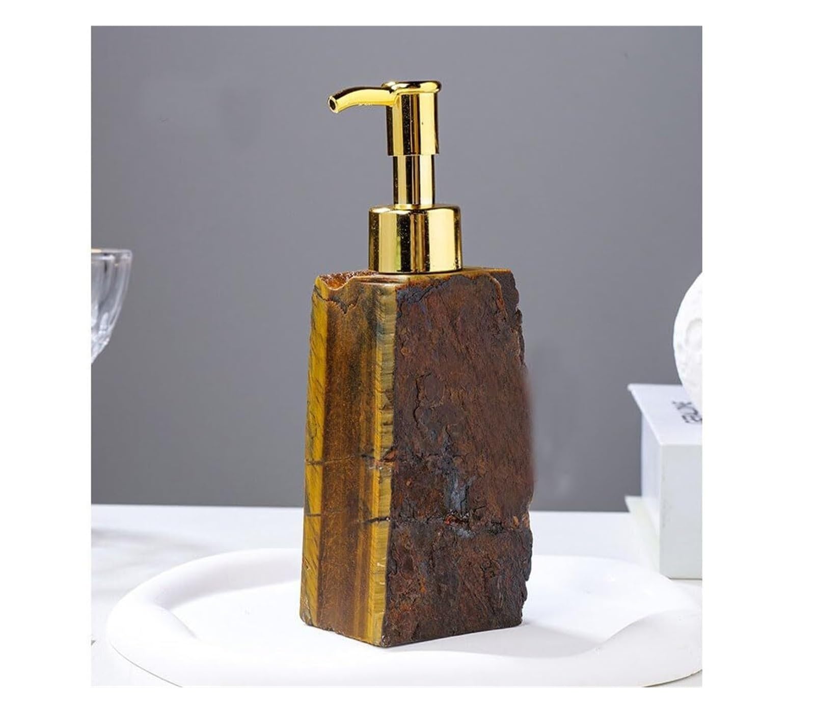 Dispensador de jabón para encimera de baño Dispensador de jabón con Bomba Acero Inoxidable, Cristal 0,84 Oz-1,1 Oz for Cocina y baño Decoración y Accesorios(Yellow Aventurine)