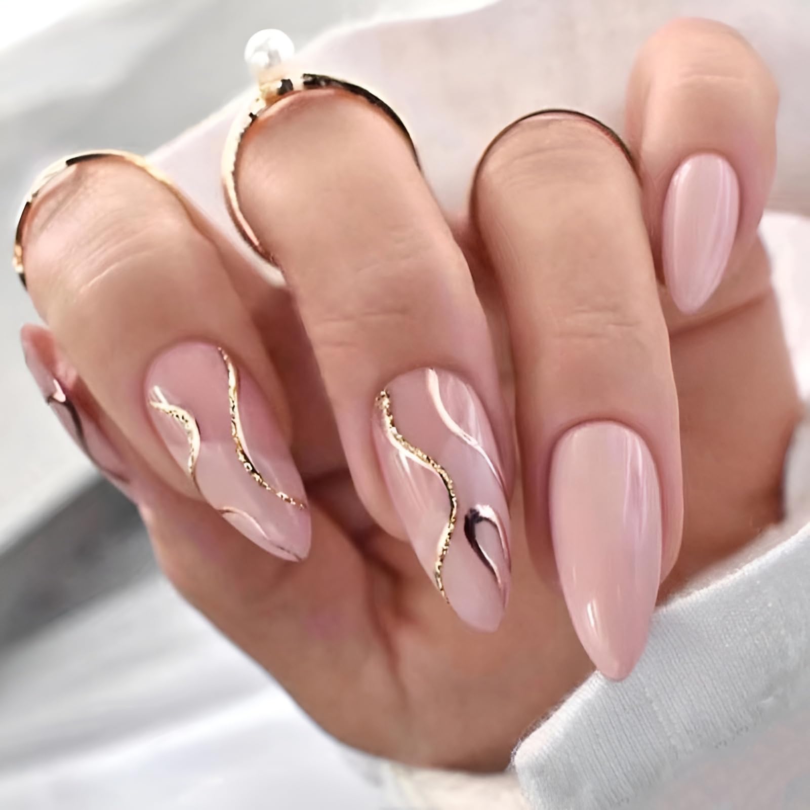 nails for a rose gold dress Pink Press on Medium Almond Fake Nails with Ripple Design Gold Line False Nail Press ons Glossy Acrylic Nails Full Cover Stick on Nail Women and Girls acrylic rose gold nails