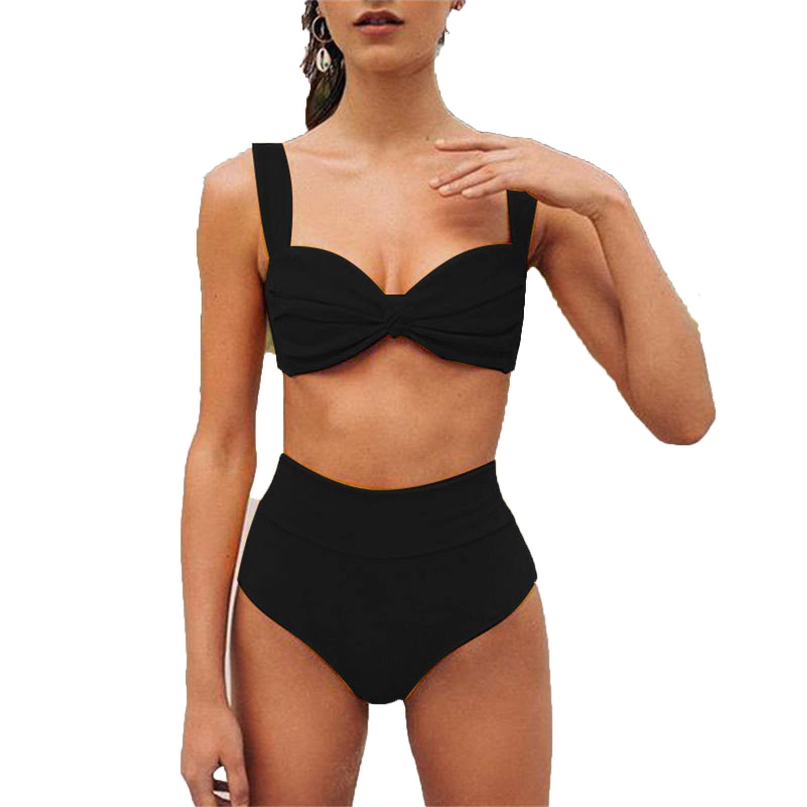 Womens 2 Piece Plus Size High Waisted Swimwear Ruched Push Up Bikini Set Tie Knot Solid Color Bathing