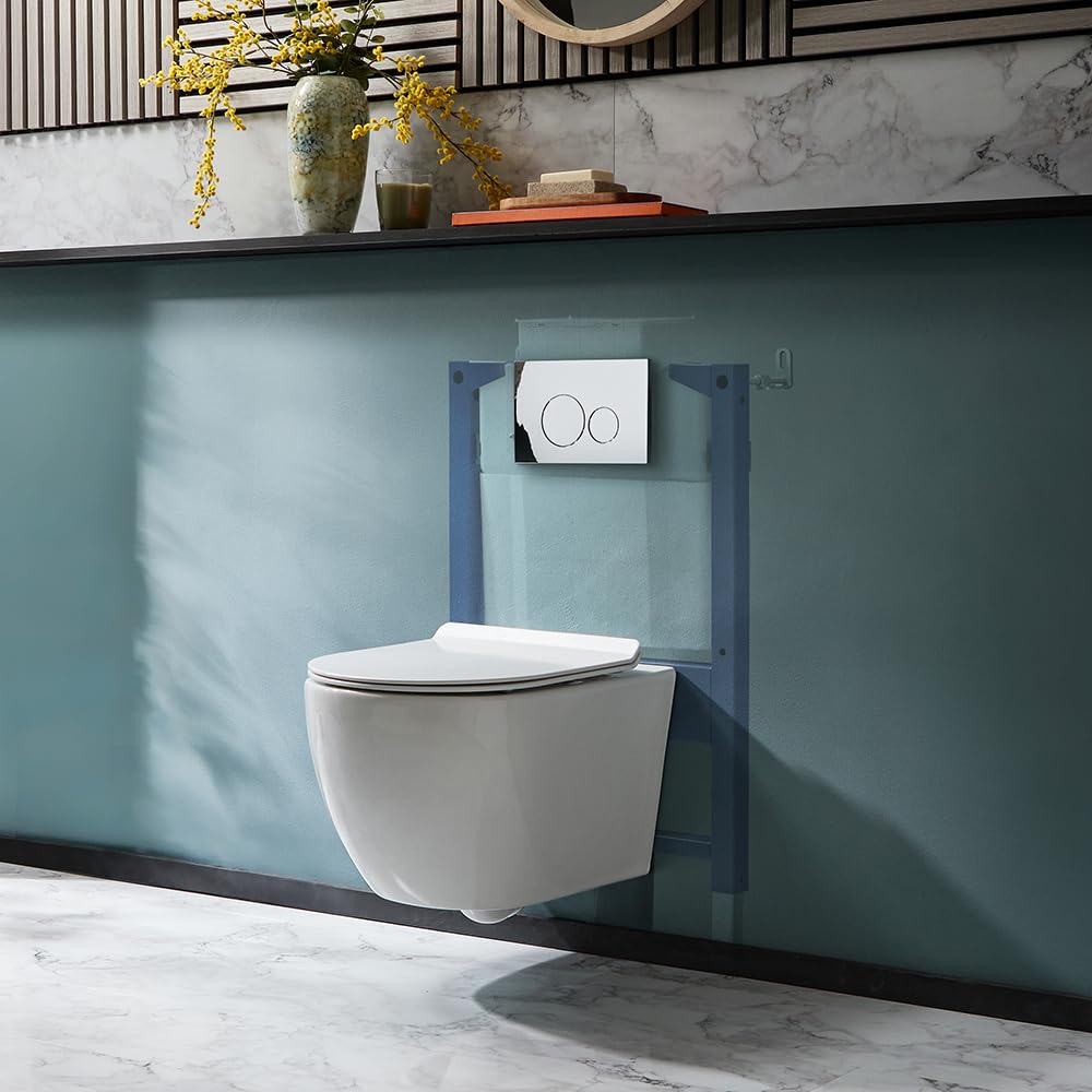 Milano Overton Wall Hung Rimless Toilet Short Frame Dual Flush Cistern - Chrome Round Plate