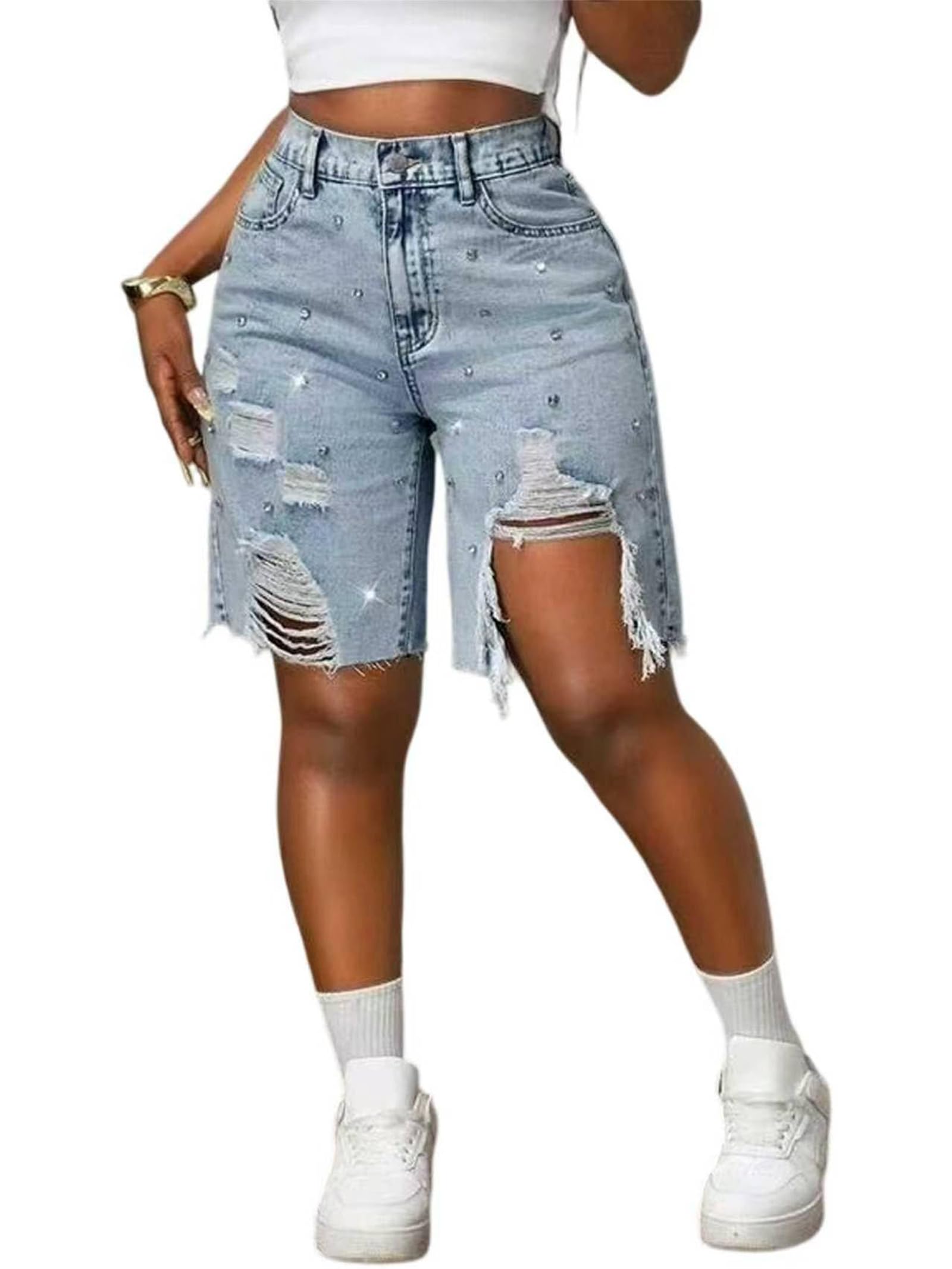 Generico Bermuda in Denim a Vita Alta da Donna, Stile Y2K con Strappi, Borchie, Orlo Sfrangiato e Perline Scintillanti; Taglio Dritto e Lunghezza al Ginocchio