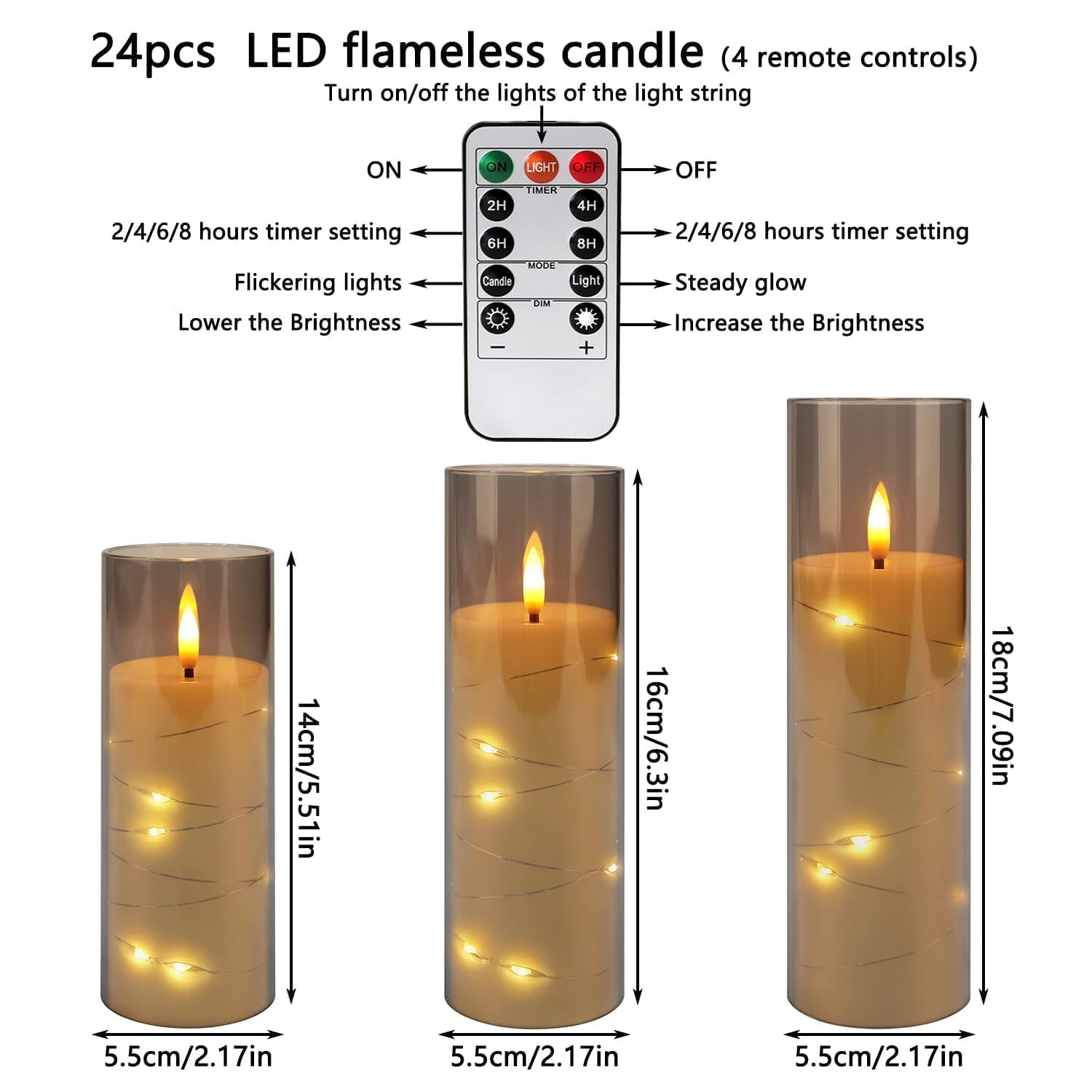 Confezione da 24 candele a pilastro a LED senza fiamma, con telecomando e timer, candele tremolanti a batteria con luci stellate incorporate, candele decorative in acrilico grigio in 3 misure, per