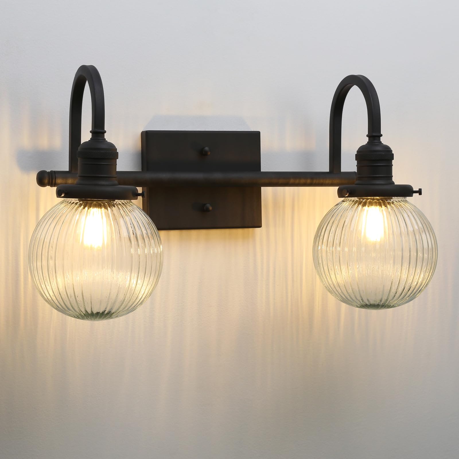 Yosoan Industrial 2-Lights Wall Sconces, Gooseneck Wall Light Ribbed Glass Shade, Bedside Wall Light for Home Bedroom, Kitchen (Black)