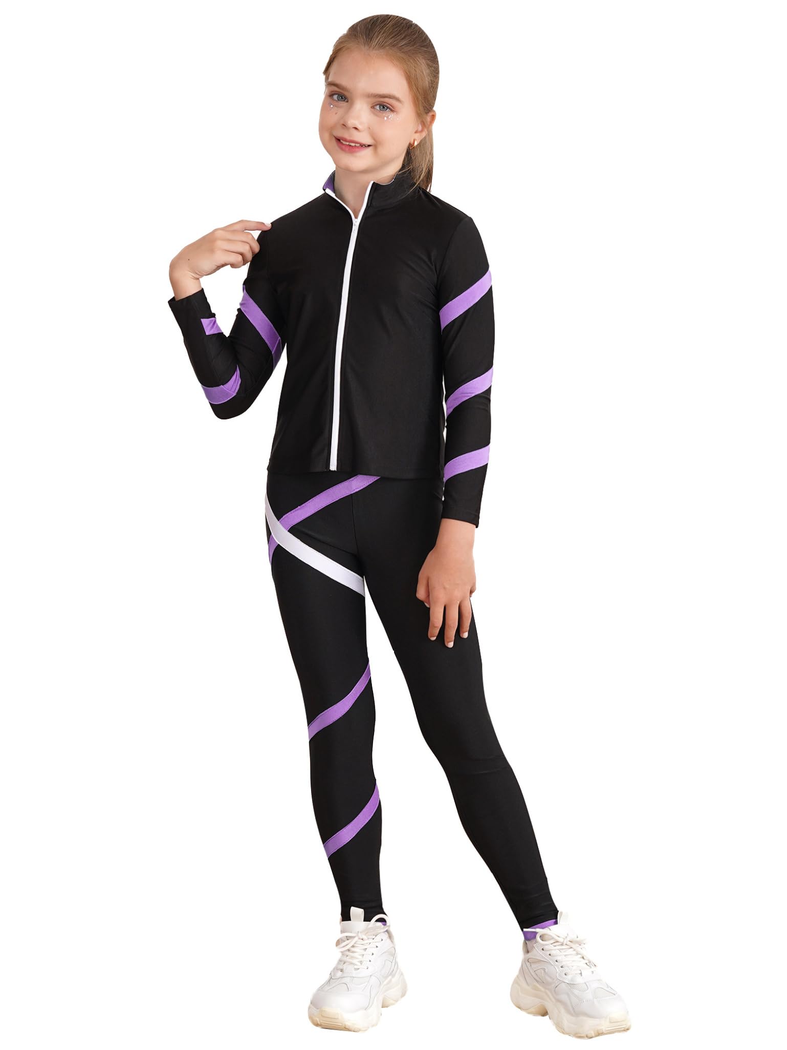 Lejafay Mädchen Tracksuit Kunstlauf Speedanzug Mit Langärmeligem Sweatshirt Reißverschluss Und Eislauf Leggings Gymnastikanzug