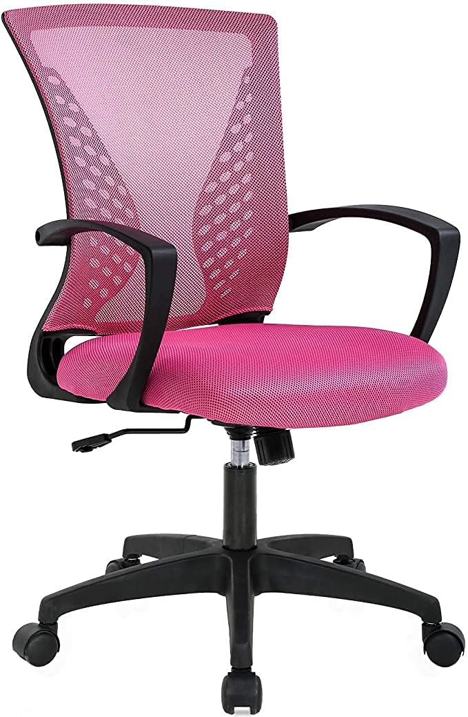 XXkseh Mesh Task Chair with Lumbar Support & Arms, Height Adjustable Rolling Swivel Home Office Chair, Mid Back, 250Lbs, Pink