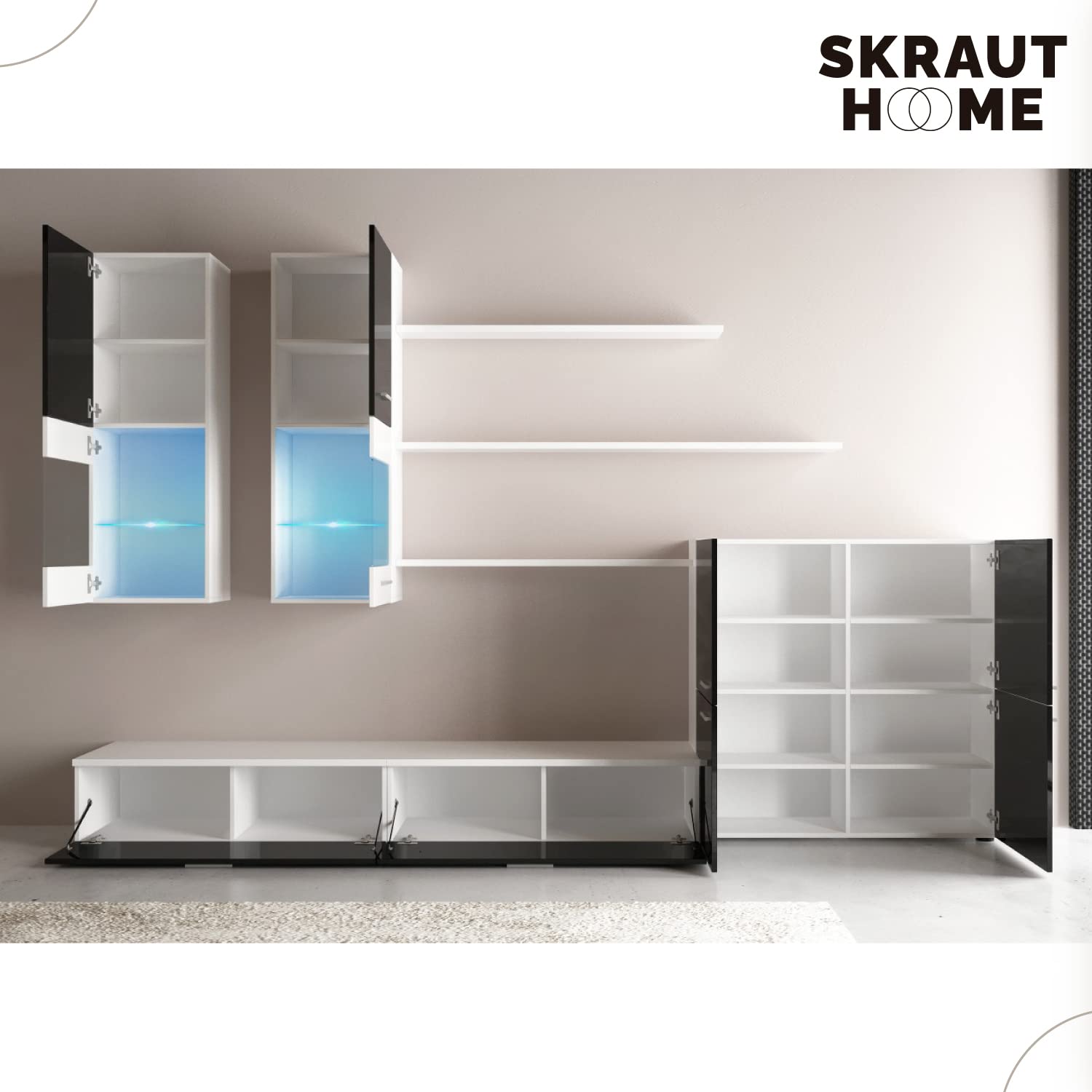Skraut Home | Ensemble de Meubles Salon TV | unité Murale | Salle à Manger | Ensemble de séjour | ilumination LED | Couleur Noir laqué et Blanc Mate | 300x189x42cm