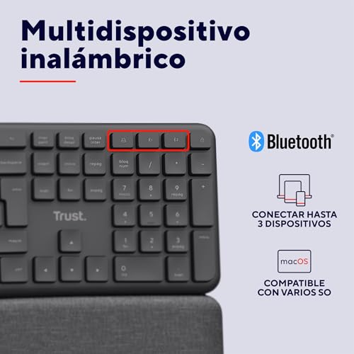 Trust Arvia Teclado Ergonómico Inalámbrico QWERTY Español, Negro | Dividido con Reposamanos, Silencioso, Multidispositivo, Bluetooth + 2.4GHz, PC Ordenador Portátil Mac 7
