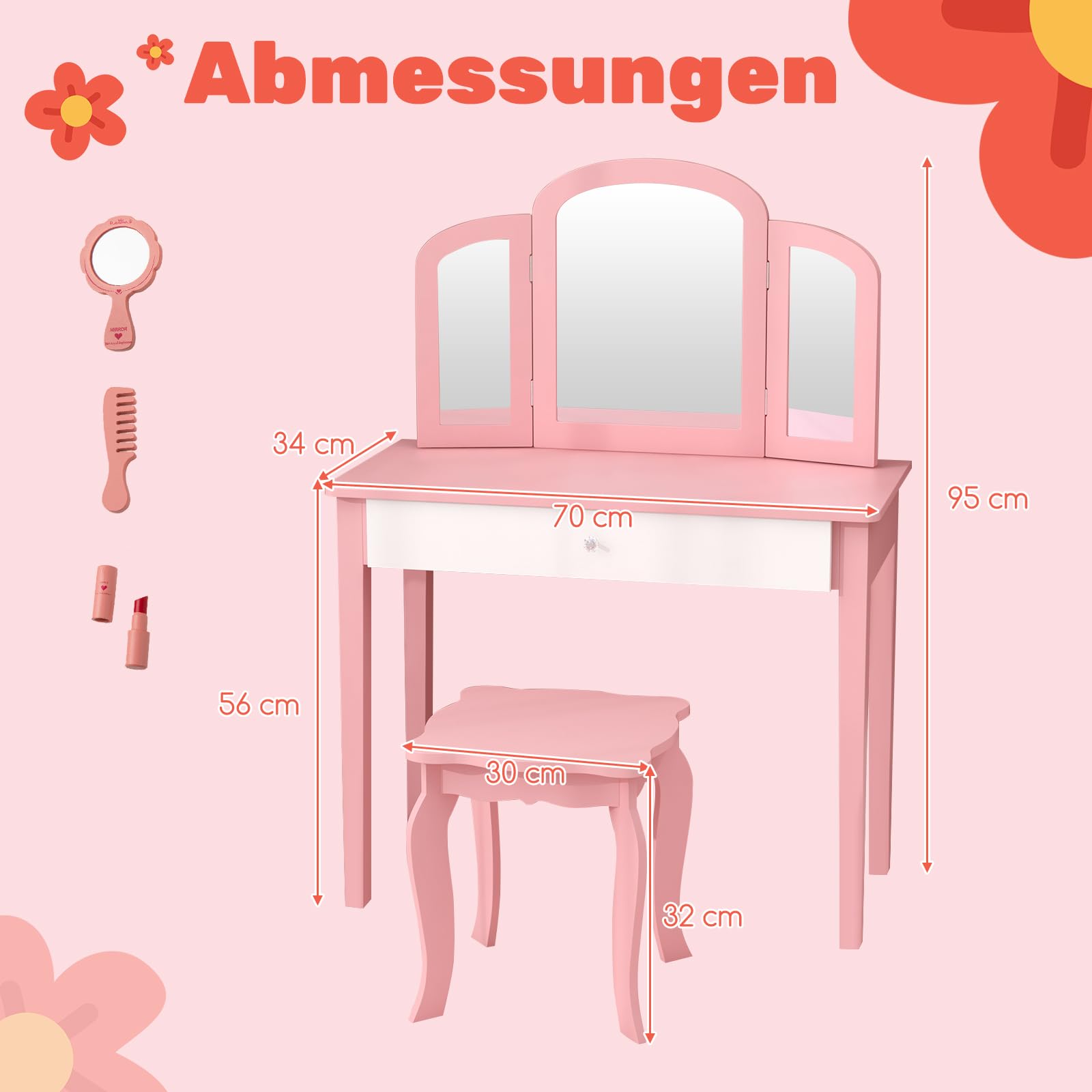 DREAMADE Schminktisch Kinder mit Hocker und abnehmbarem Spiegel,Prinzessin Frisiertisch, Frisierkommode, Kosmetiktisch, Kinderschminktisch mit Kiefernholz-Beine für Kinder Mädchen (Rosa)