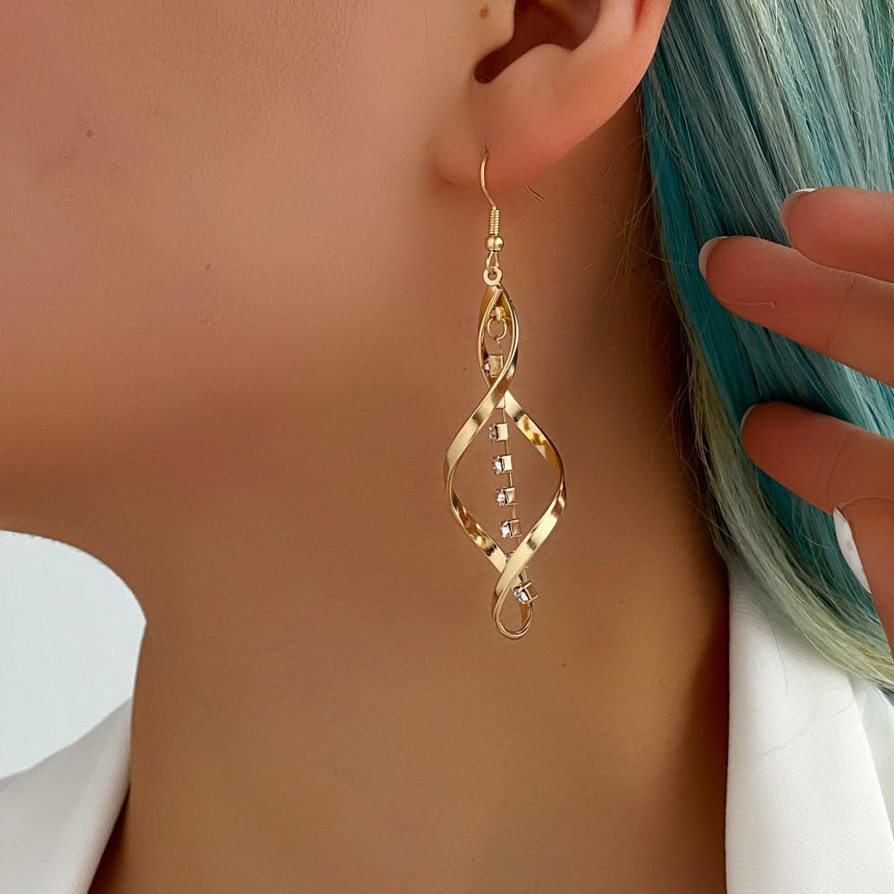 Elegant Spiral Long Drop Earrings, Gold-Tone with Crystal Accents, Twisted Double Helix Design, Statement Dangle Fashion Jewelry - Image 5