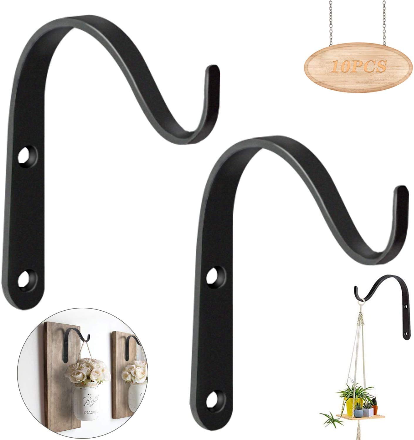 UPTO 10 Pack Hanging Basket Bracket Hooks, Metal Wall Hanging Hooks Curved Up Plant Hook for Bird Feeders, Plants, Lanterns, Wind Chimes and Garden Fence Decor