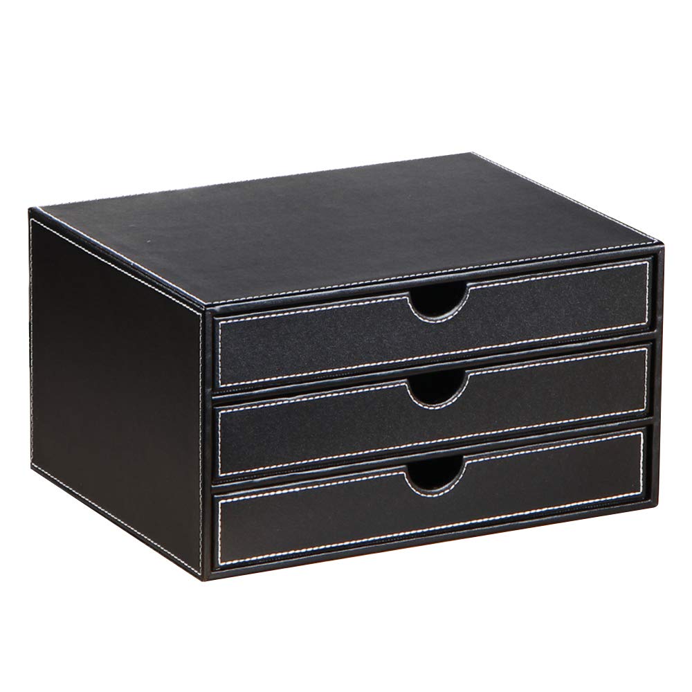 Lederen bureauorganizer met 3 laden, Executive Office Supplies Desktop archiveren A4 archiefkast/houder, stapelbare opbergdoos voor sieraden/factuur/papier/documenten/make-up woondecoratie accessoires (zwart