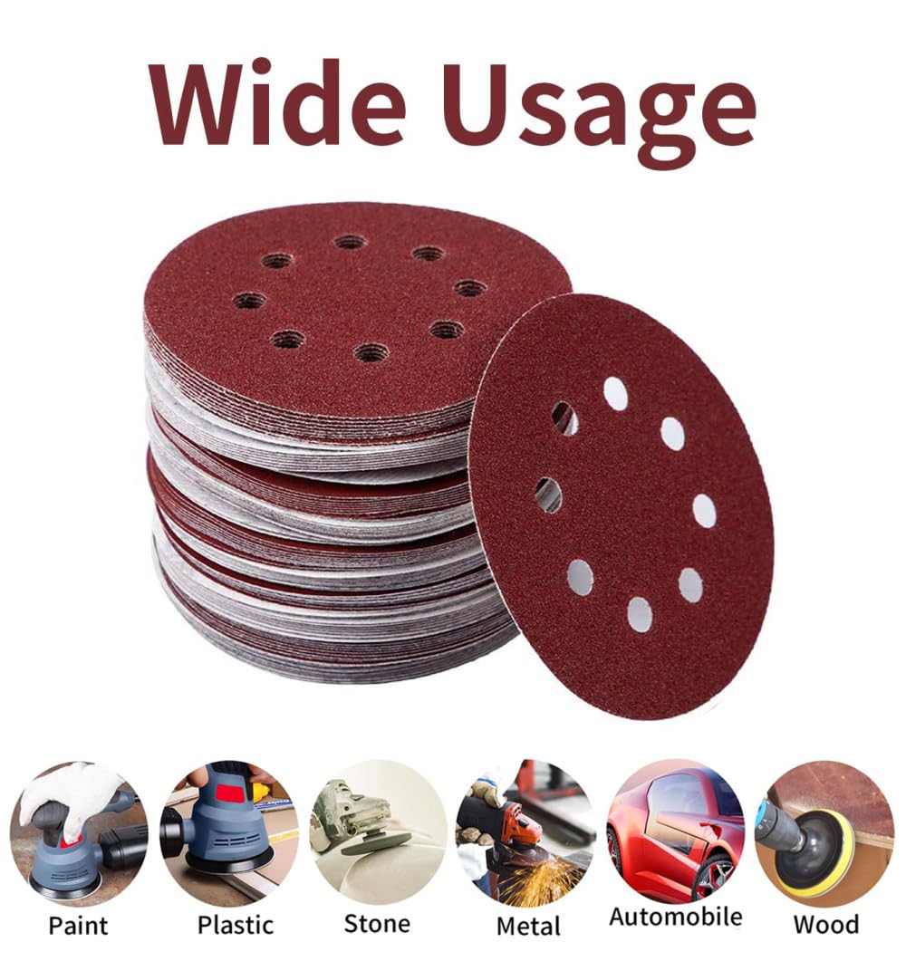 10 pièces 5 pouces 8 trous disque abrasif rond 40—1000 papiers abrasifs à grain assorti ponceuse papier abrasif rond, 10 pièces rouge, grain 1200