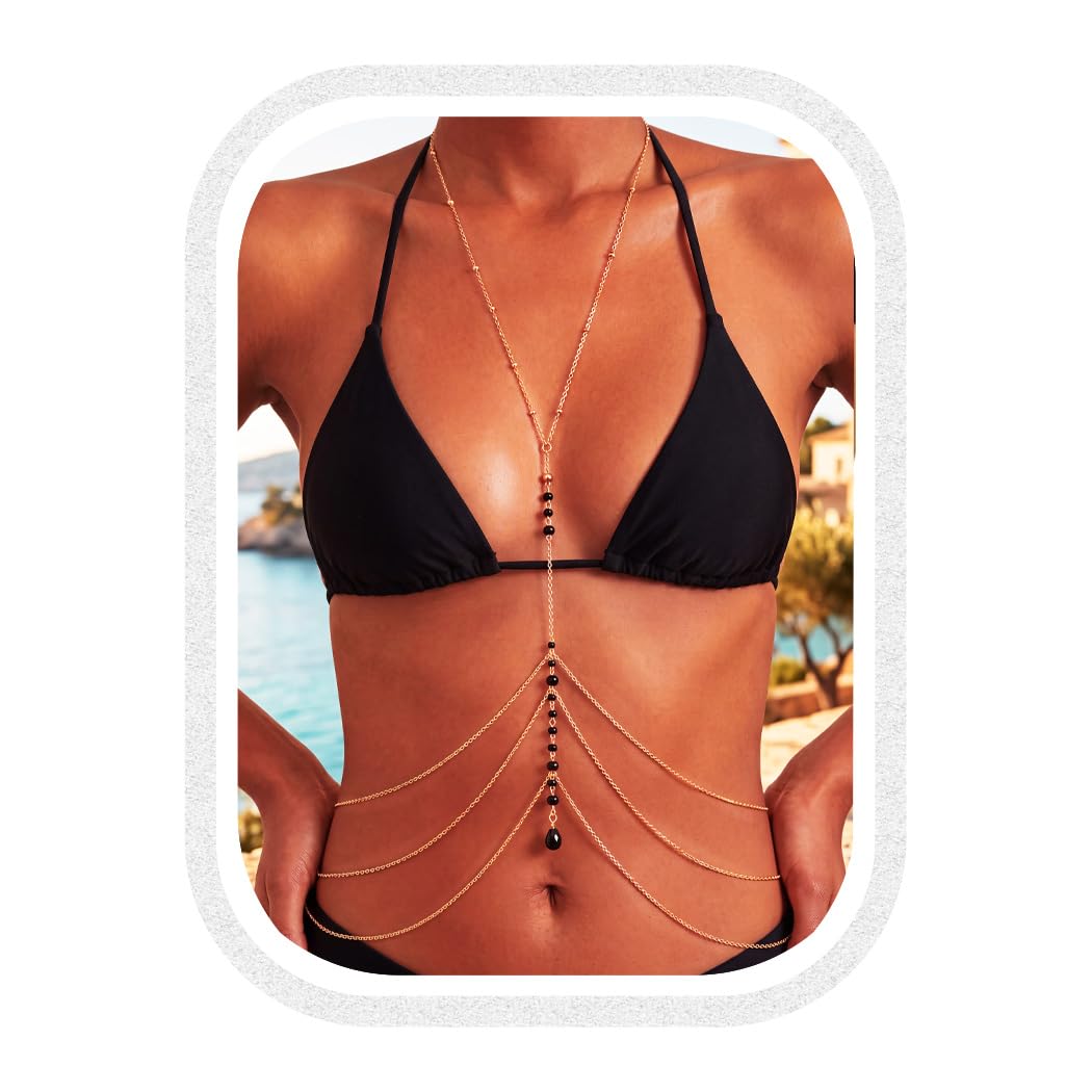 Gold Tone Body Chain for Women Black Crystal Beaded Chest Chain with Layered Waist Design Adjustable Fashion Body Jewelry for Beach Bikini Festival Party Concert Costume-image-5