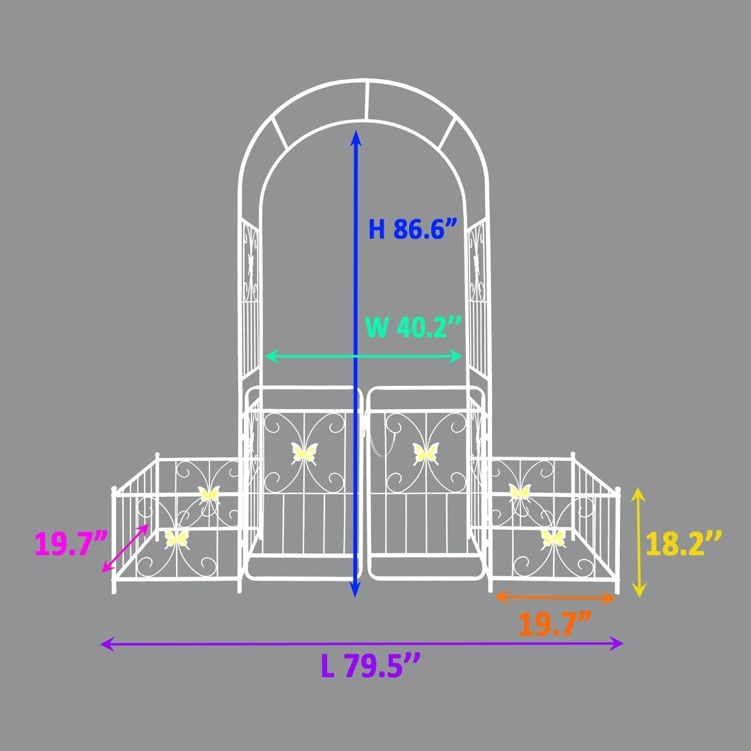 Garden Arch with Gate and Planter Boxes, 86.6" H Metal Archway for Climbing Plants, Iron Rose Trellis Arbor with Butterfly Design for Wedding Backyard Patio Lawn Decor