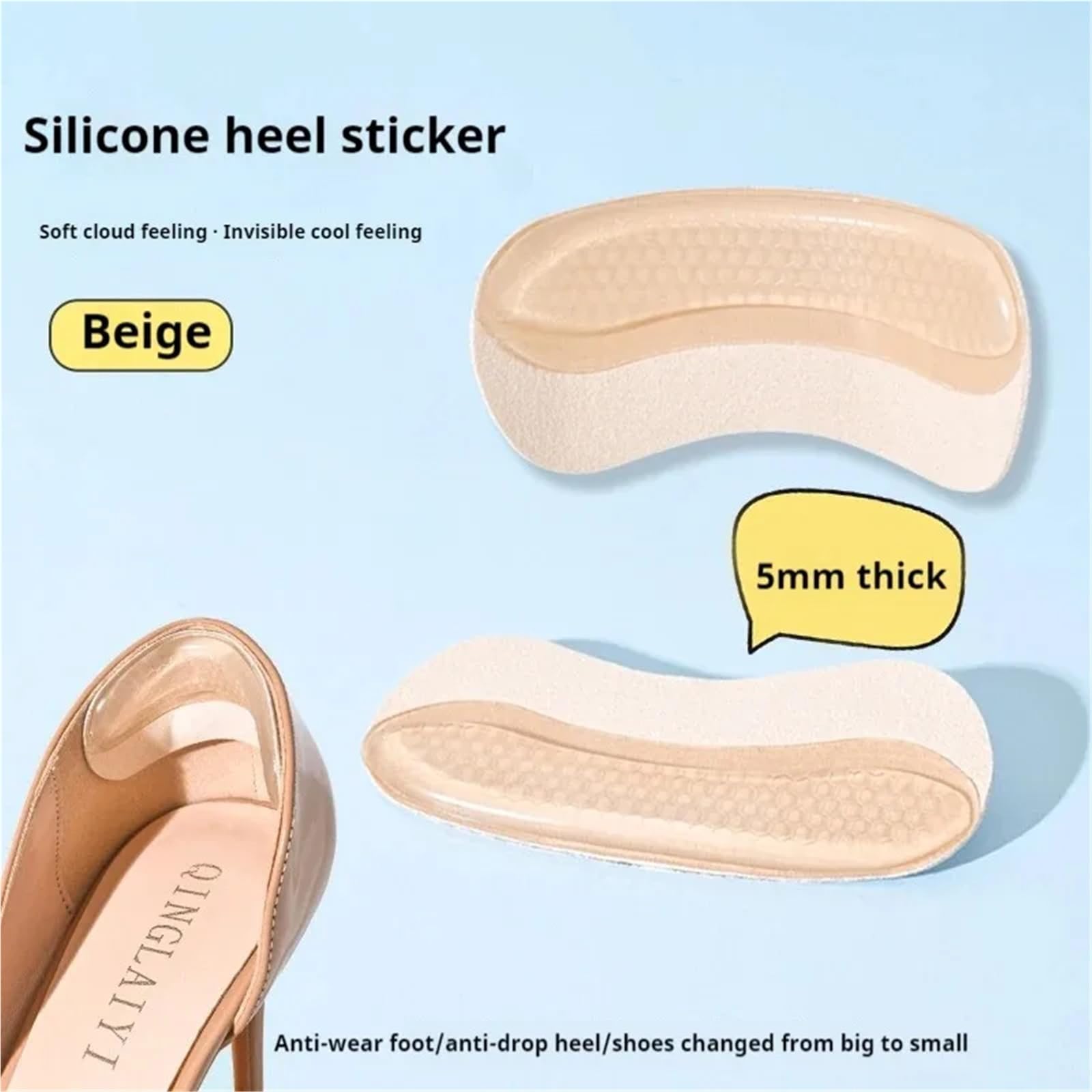 Hackenpolster Schuhe Silikon-Fersenaufkleber, Fersenschutz, Einlegesohlen, Größe anpassen, selbstklebende, rutschfeste Schuhpolster, Schmerzlinderung, Fußpflege-Einsatz(Beige-10Pcs)