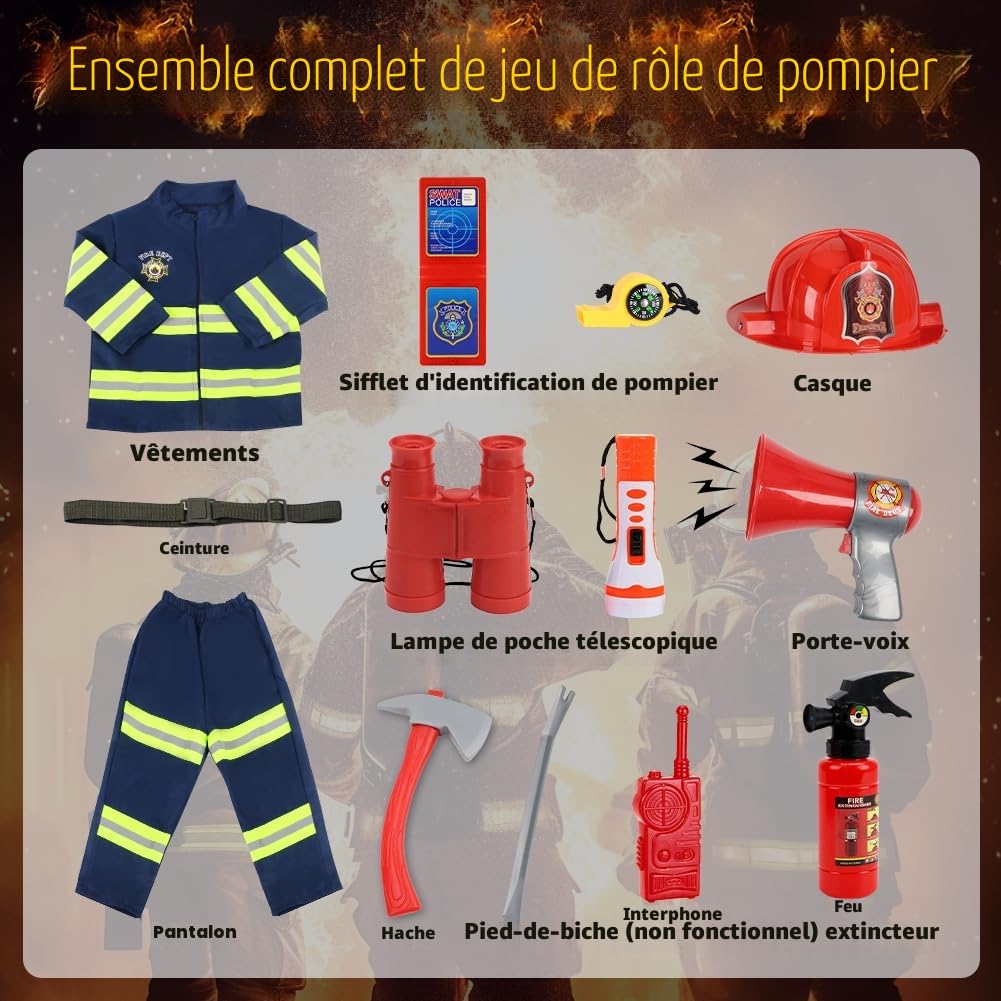 Blisscok Costume de Pompier pour Enfants, Pompier Cosplay Jeu de Rôle Jouets Accessoires pour Les Fêtes Costumées, L'éducation Aux Exercices D' incendie
