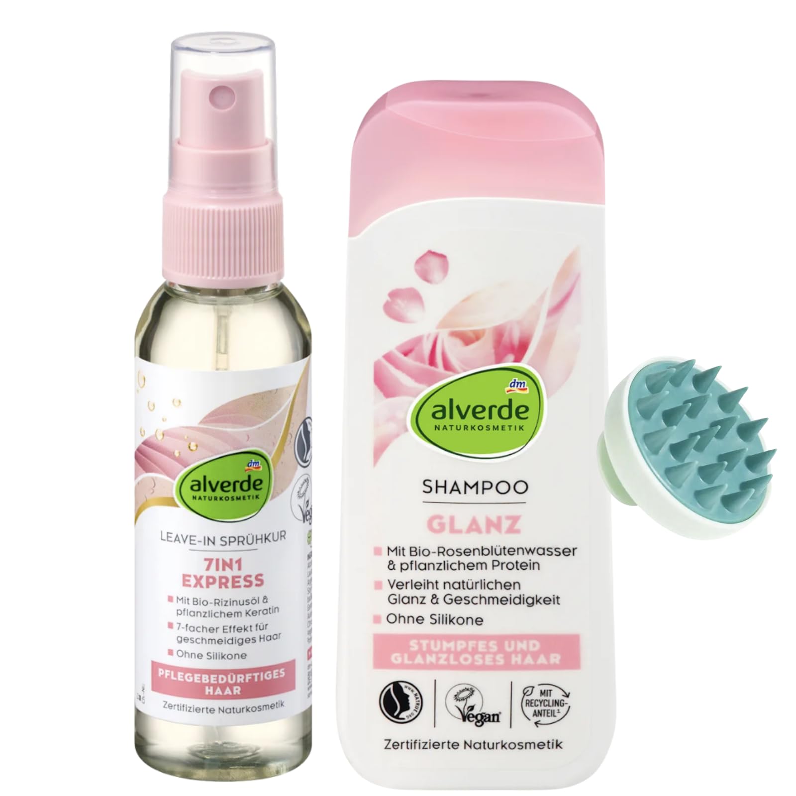 Alverde 2er-Set – Leave-In Sprühkur Express 7in1 (75 ml) + Shampoo Glanz mit Rosenblütenwasser & pflanzlichem Protein (200 ml) + Bonus Kopfhaut Massagebürste