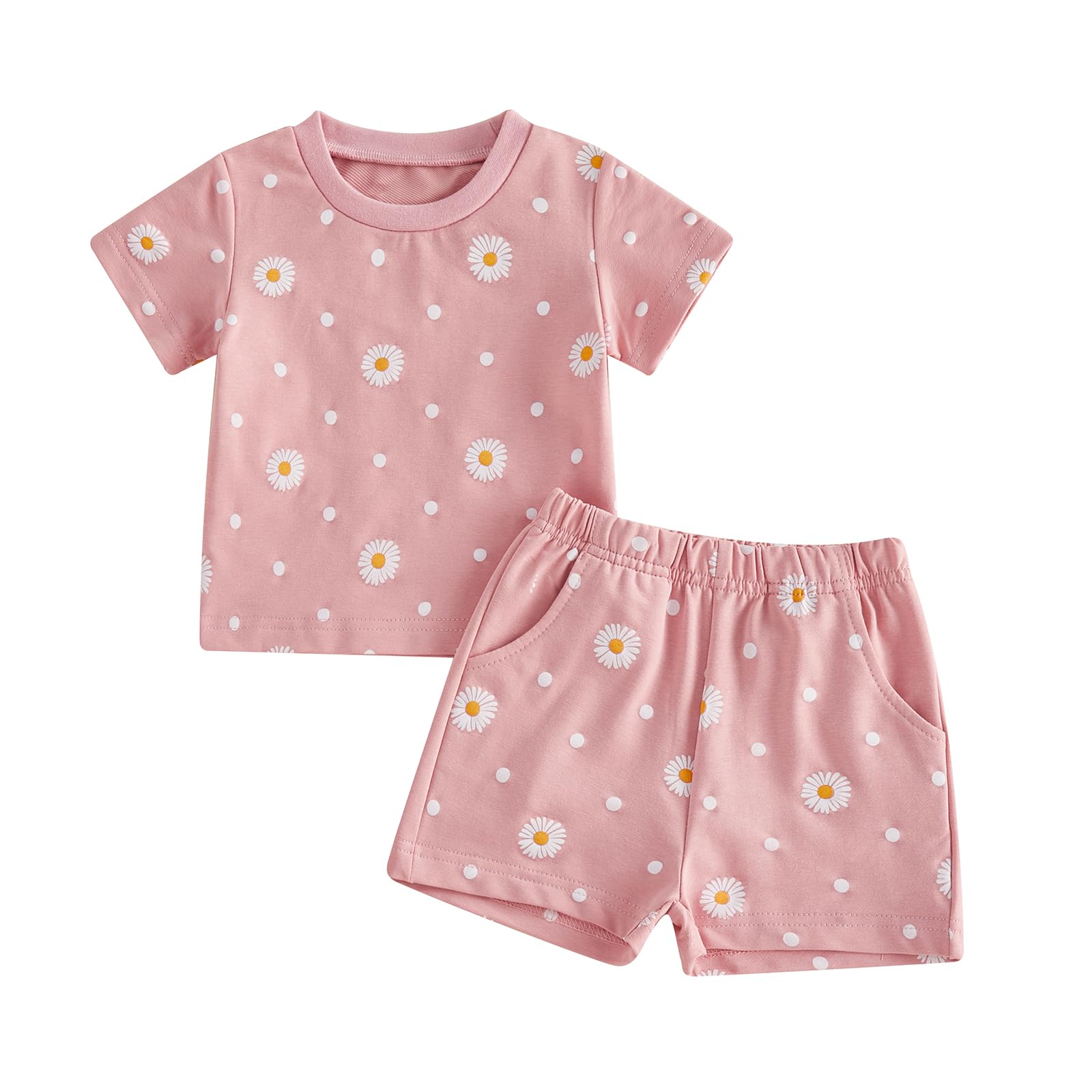 Summer Toddler Baby Girl Clothing Short Sleeve Daisy Print Round Neck Elastic Infant Girls Outfit Clothes Pullover Tops Shorts Pocket Set