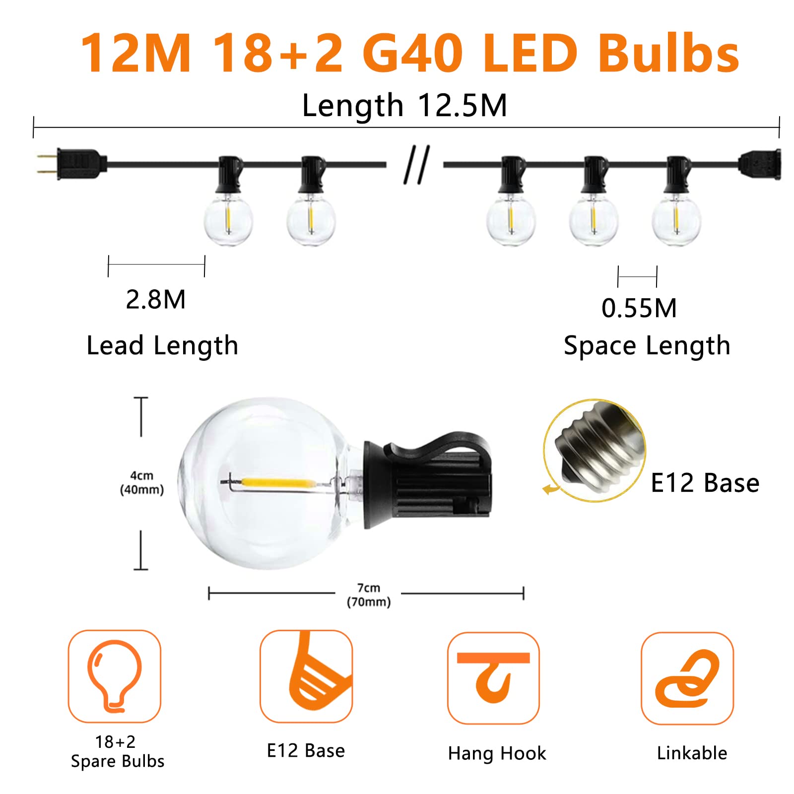 Voolex Catena Luminosa Esterno, Luci Stringa 12M/40FT, Lucine LED Decorative per Alberi Casa Giardino Festa Natale, Bianca Calda Lampadine