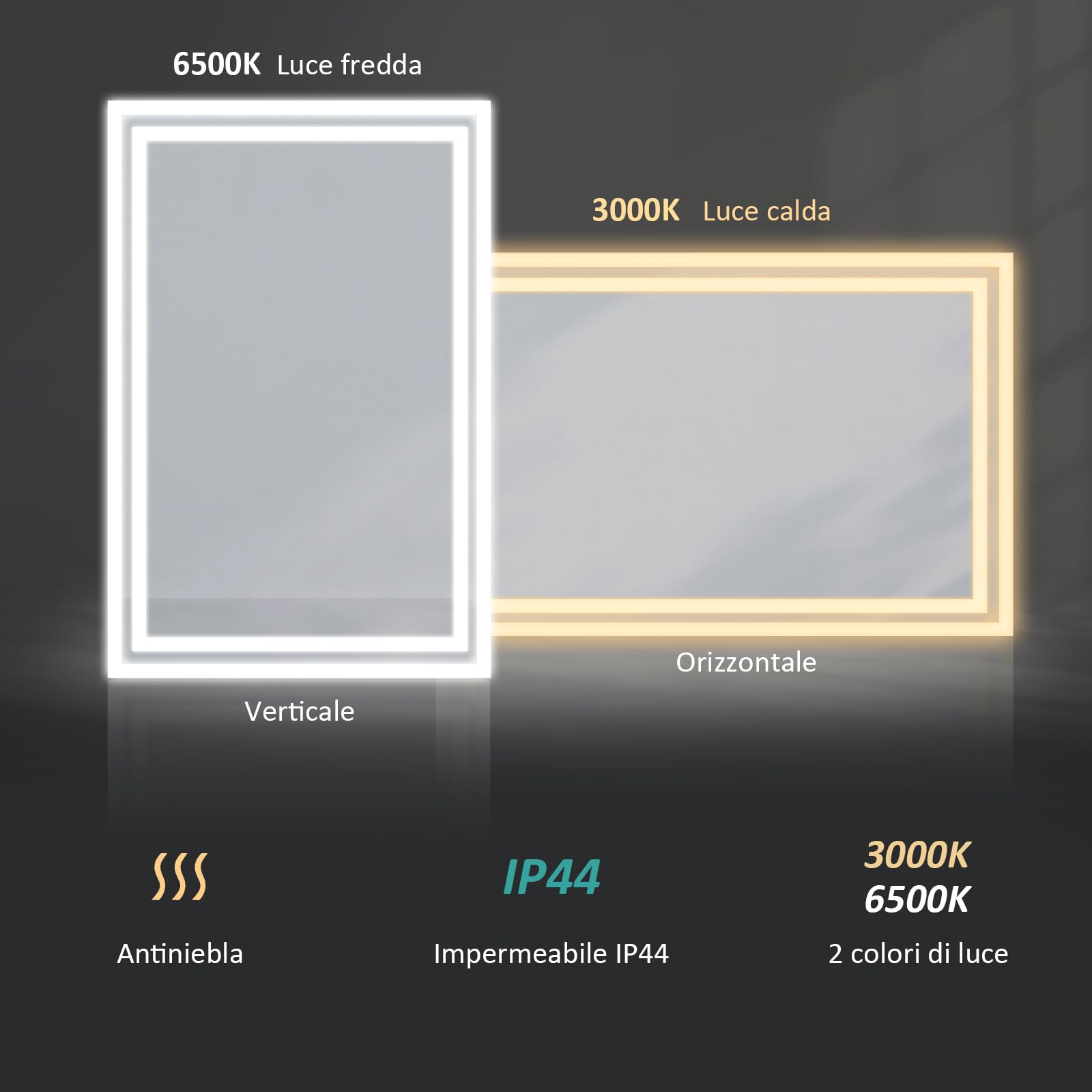 EMKE Specchio Bagno con Luce 120x60 cm con Interruttore a Pulsante, Antiappannamento, Specchio Bagno LED,Luce Bianca Fredda/Calda,Specchio da bagno