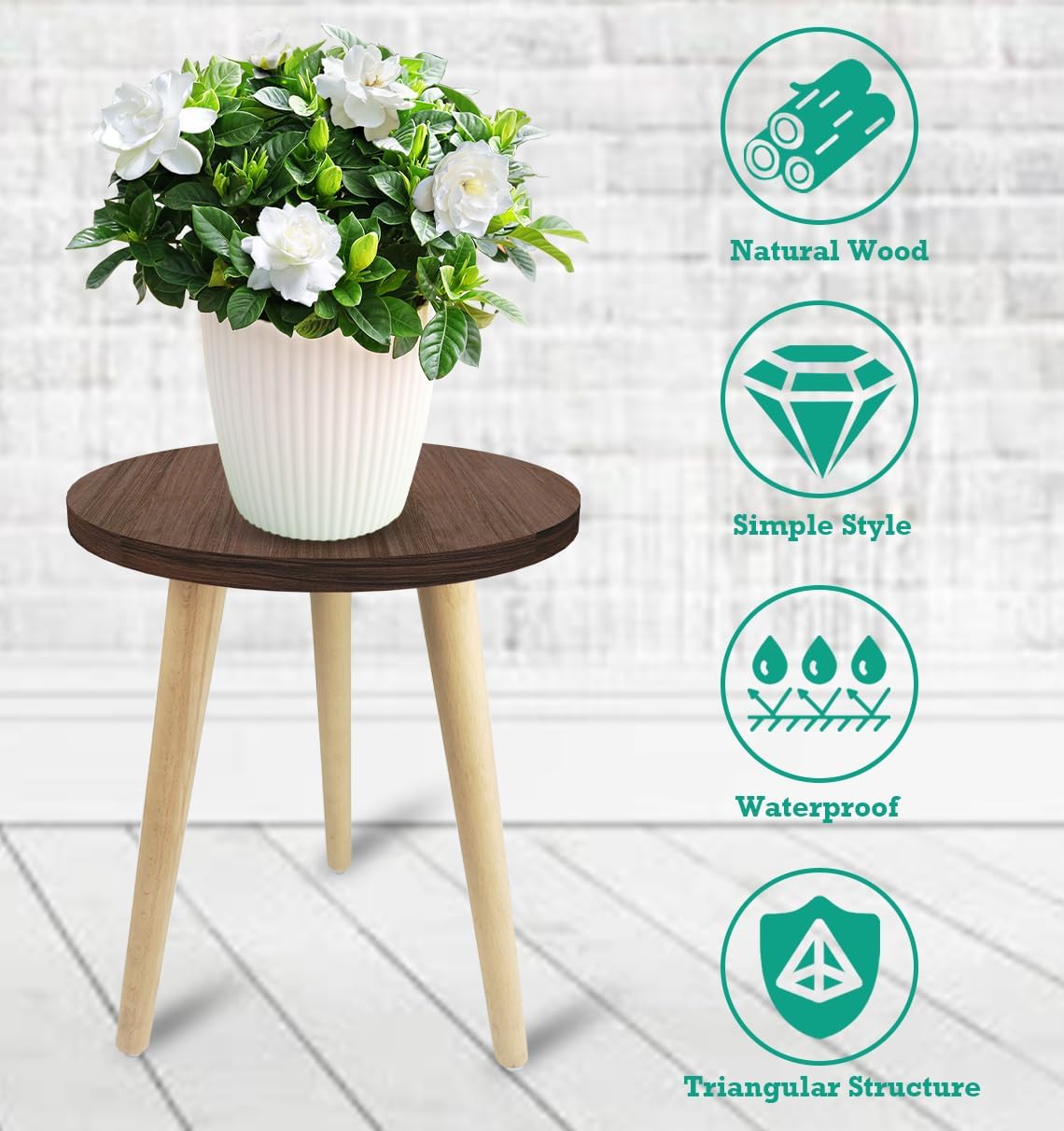 14IN Tall Plant Stand Holder for Indoor Planters, Mid Century Small Round Wood Table for Living Room Corner Floor