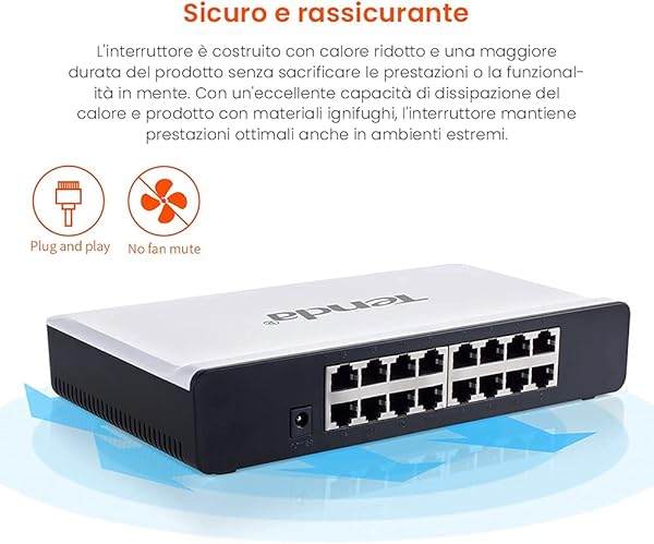 Tenda Switch Desktop Switch S16 con 16 Porte RJ45 10 100 Mbps Plug Play Rilevamento automatico interscambi MDIMDI X Design ergonomico VLAN