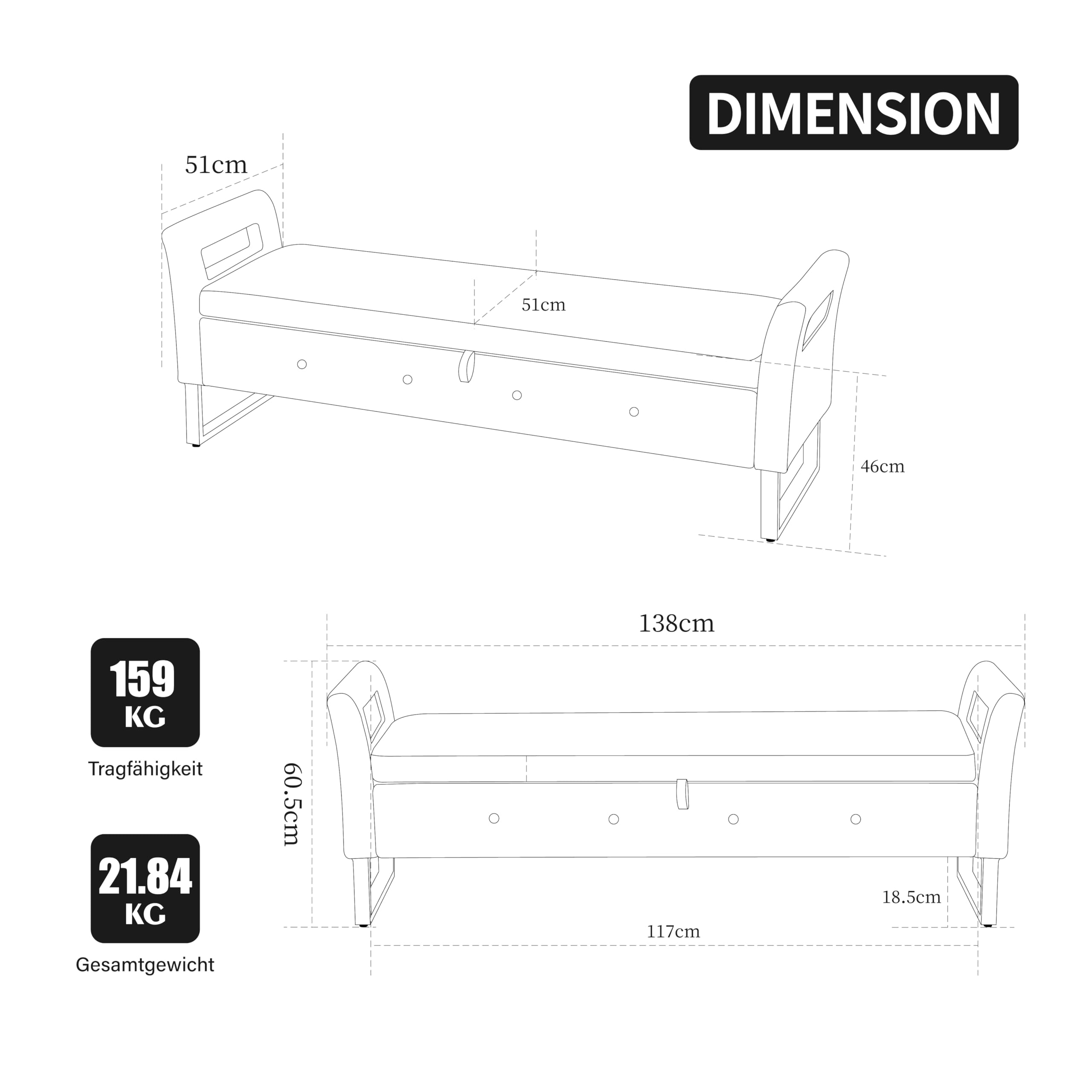 Banco con espacio de almacenamiento, taburete acolchado de terciopelo, con reposabrazos para salón, entrada y dormitorio (beige)