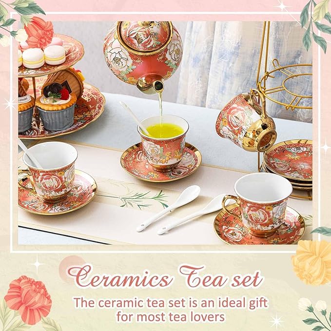 Image of Premium Ceramic Tea Set of 13 PCS Teapot (800ML) with 6 Cups (180ML Each), 6 Saucers & Holder Stand Elegant Gift for Tea Lovers Ideal for Home, Office & Parties (Dark Pink)