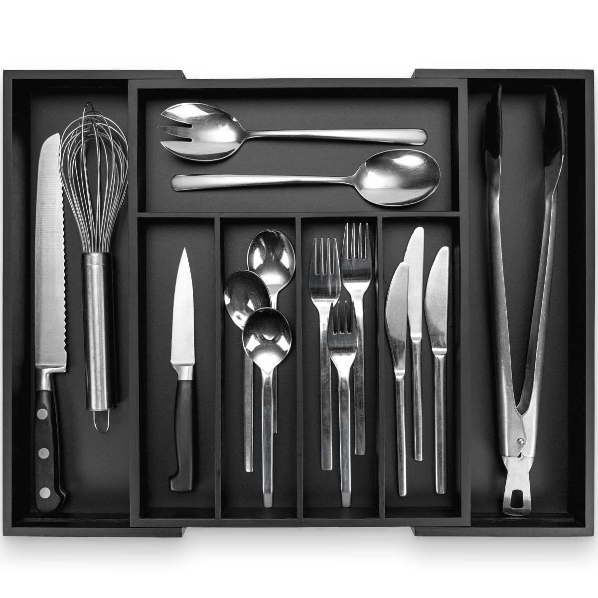 Budu Bamboo - Black Cutlery Tray #38 (Depth 38 Cm) Made Of - Drawer Organiser System For The Kitchen - Cutlery Tray For Bamboo Drawers - Extendable - Kitchen Drawer Organiser