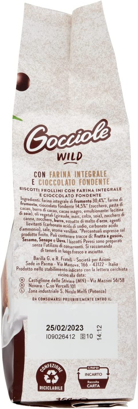 12 galletas Pavesi Gocciole Wild Integrali con harina integral, 350 g, galletas
