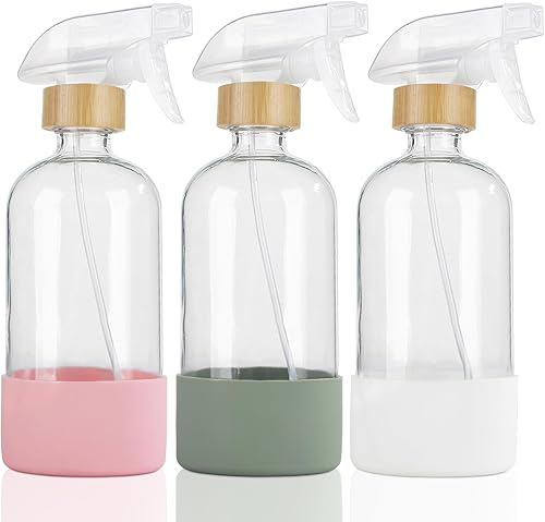 HOMBYS Botellas vacías de vidrio de bambú con protección de funda de silicona, recipientes de vidrio transparente recargables de 17 onzas para