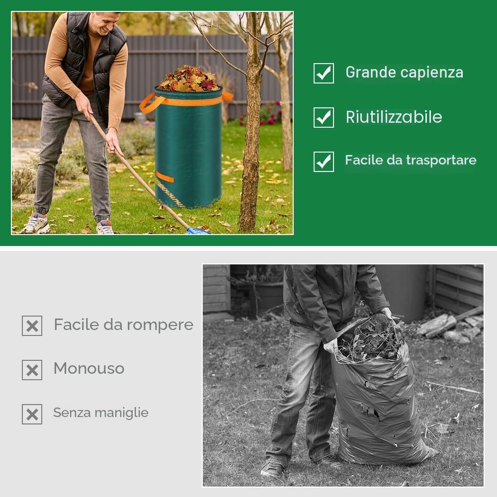 Eurhomewit 3 x 272 L Sacchi Giardinaggio con Coperchio e Maniglie, Sacchi per Raccogli Foglie da Giardino, Sacchi per rifiuti da giardino Riutilizzabili per Foglie, Erba, Sterpaglie,67cm*78cm
