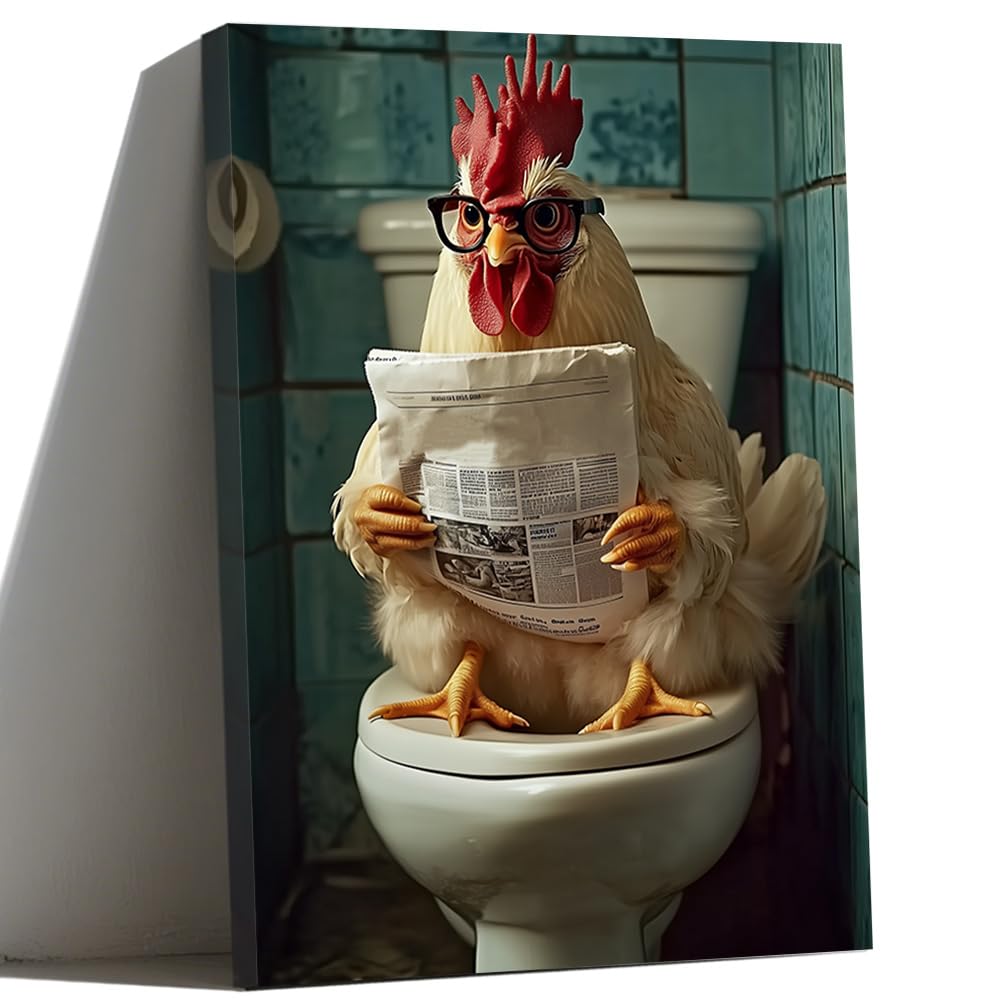 LMYSXAOZ Rooster Canvas Wall Art for Bathroom Decor Funny Chicken on Toilet Reading Newspaper Pictures Farmhouse Animal Paintings Prints Restroom (50x75cm)