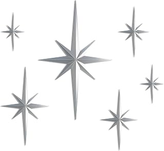 Stylor Mid Century Modern Decor, Mcm Retro 3D Star Art Wall Sculpture, Plastic Starburst Decor, Vintage Celestial Whimsigoth Home Decor Accent. (Set of 6, Silver)