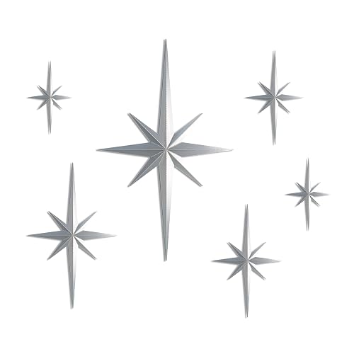 Stylor Mid Century Modern Decor, Mcm Retro 3D Printed Star Art Wall Sculpture, Plastic Starburst Decor, Vintage Celestial Whimsigoth Home Decor Accent. (Set of 6, Silver) - Silver