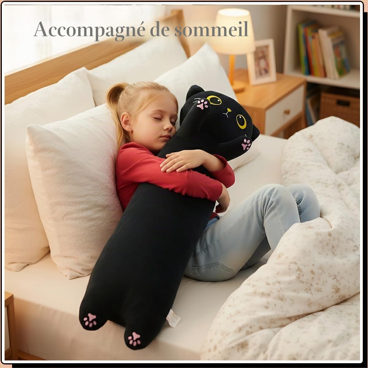 Peluche Chat Noir Long Coussin Corporel, Peluche Animale Douce et Moelleuse, Grand Chat en Peluche Cadeau d'anniversaire pour Garçons et Filles (Black, 110cm/43.31in)