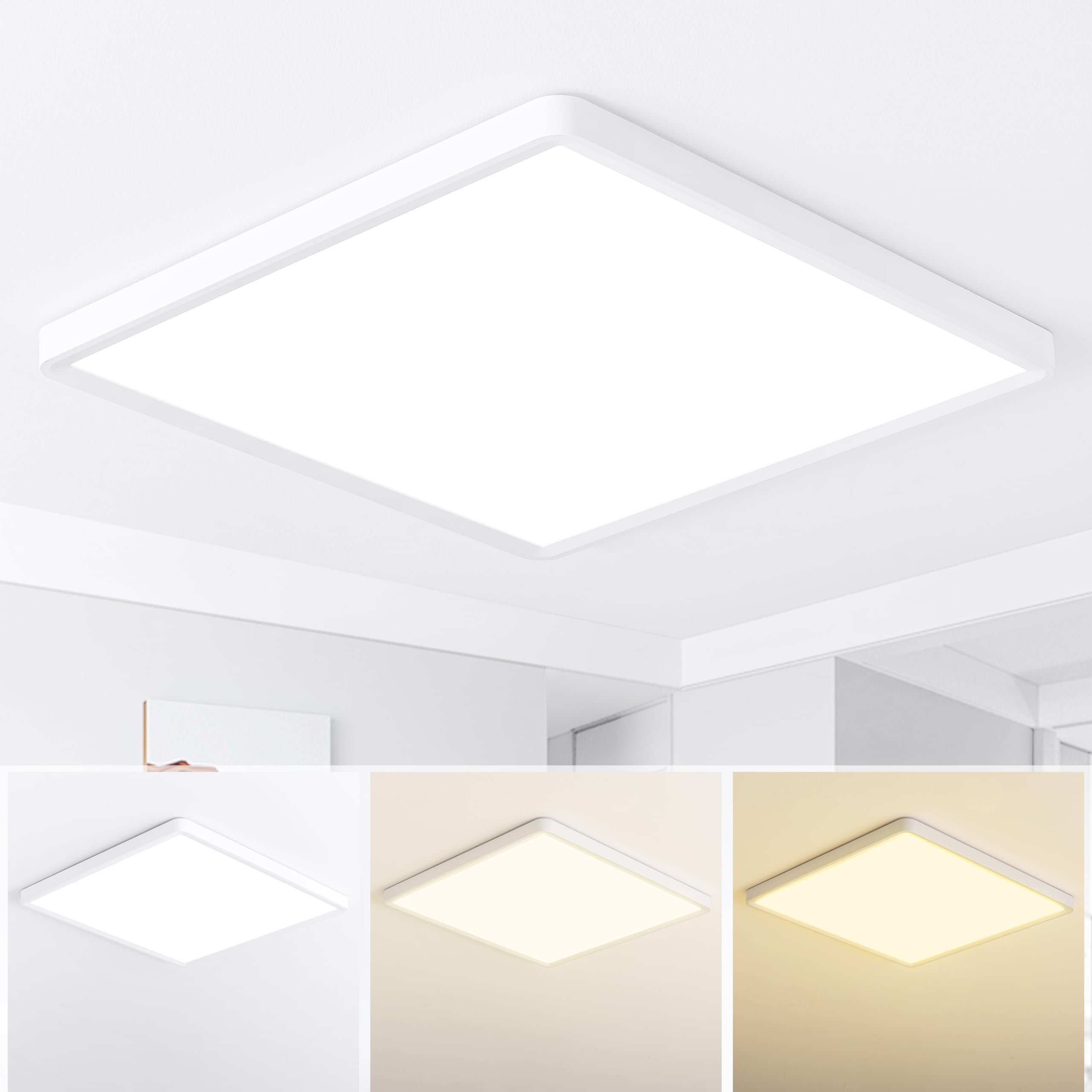 MOONSEA 46W LED Deckenleuchte Flach 3 Farben 50X50cm Deckenlampe Eckig | 3000K/4000K/6000K Quadrat Deckenlampe, Ultra Dünn Weiß Eckige Deckenleuchte für Wohnzimmer Schlafzimmer Esszimmer Küche
