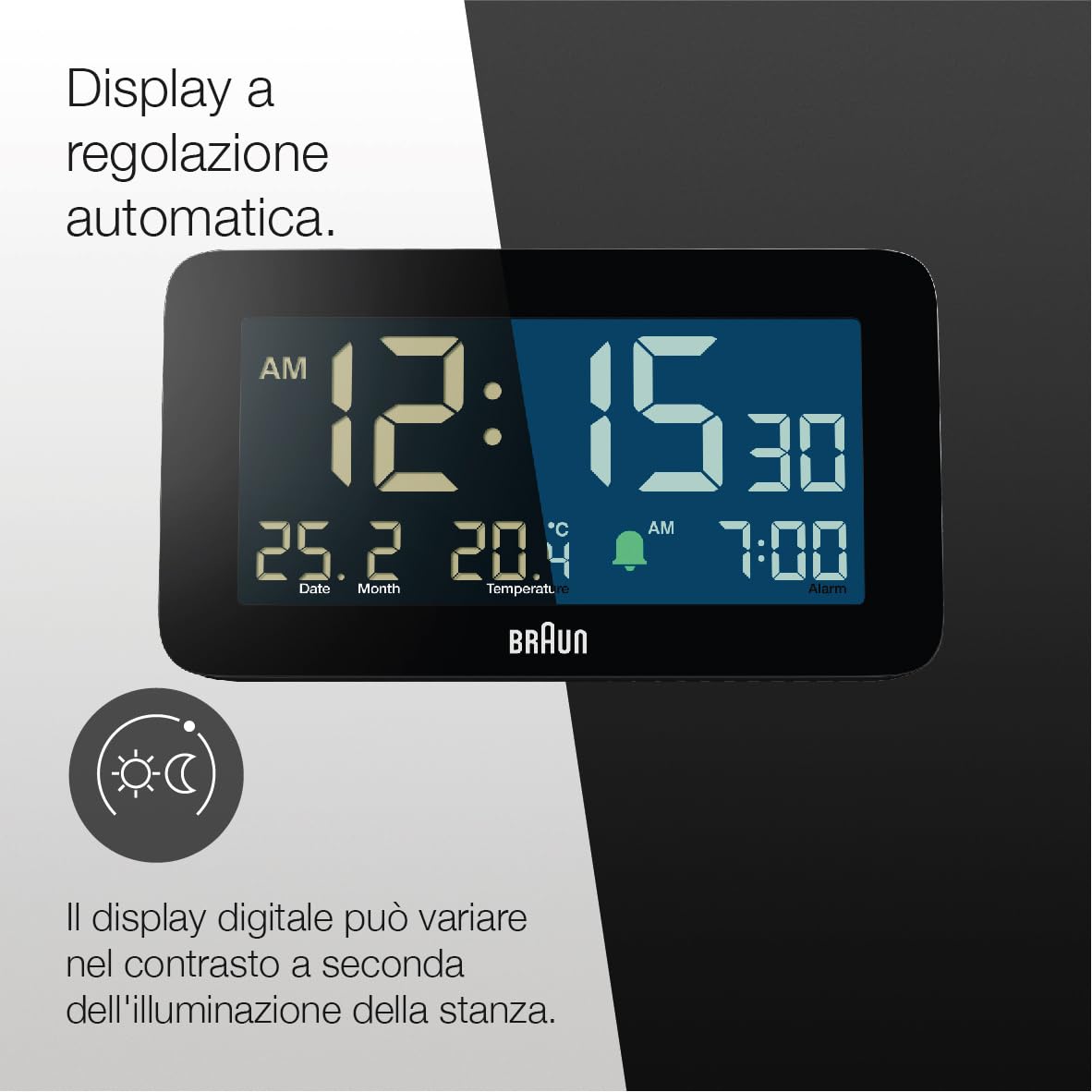 Braun Sveglia Digitale con Visualizzazione di Data, Mese e Temperatura, Display LCD Negativo, Impostazione Rapida, Sveglia Bip Crescendo in Nero, Modello BC10B (1 Confezione)