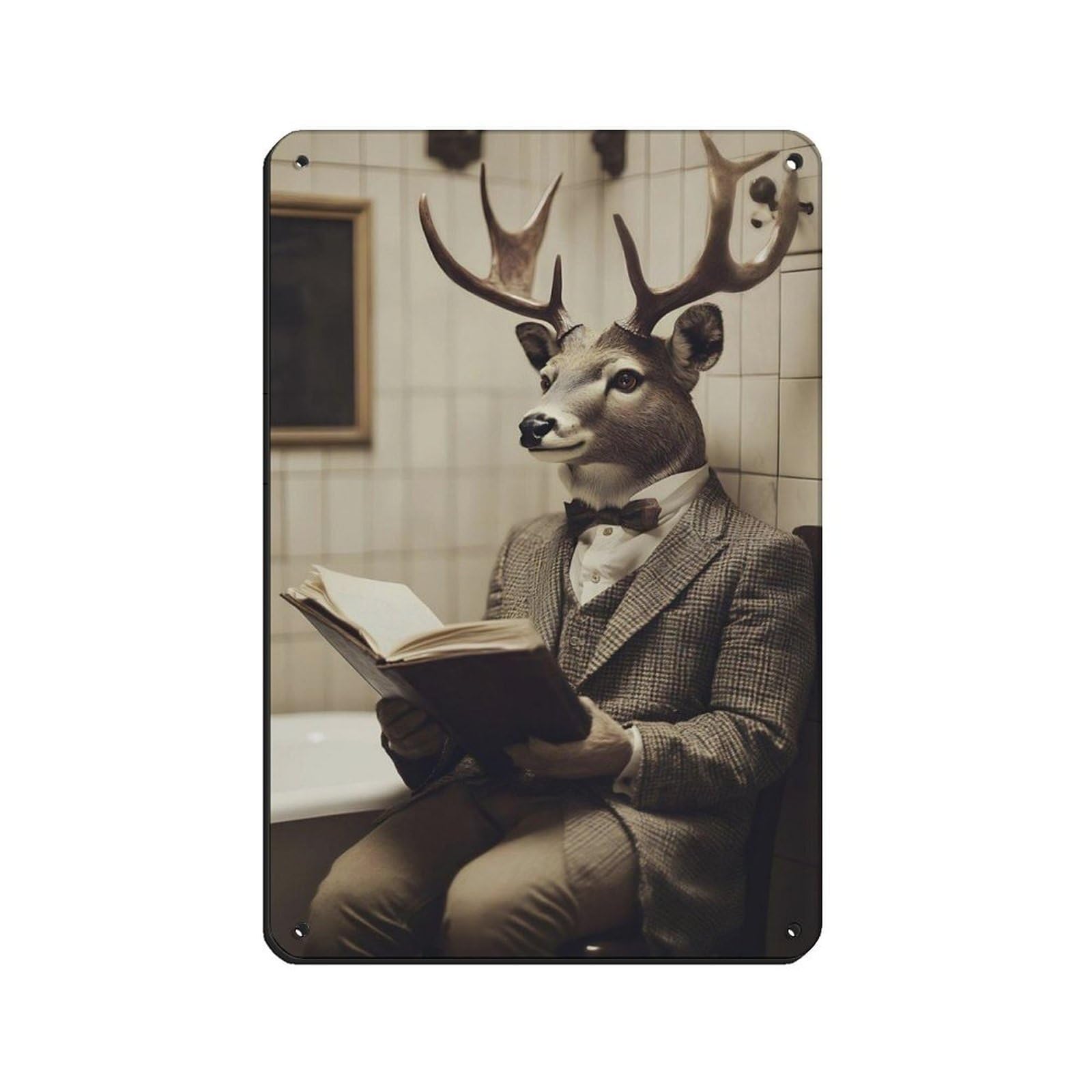 Deer Reading in Bathroom Retro Poster Metal Tin Sign Chic Art Retro Iron Painting Bar People Cave Cafe Family Garage Poster Wall Decoration 8x12inch(20x30cm)