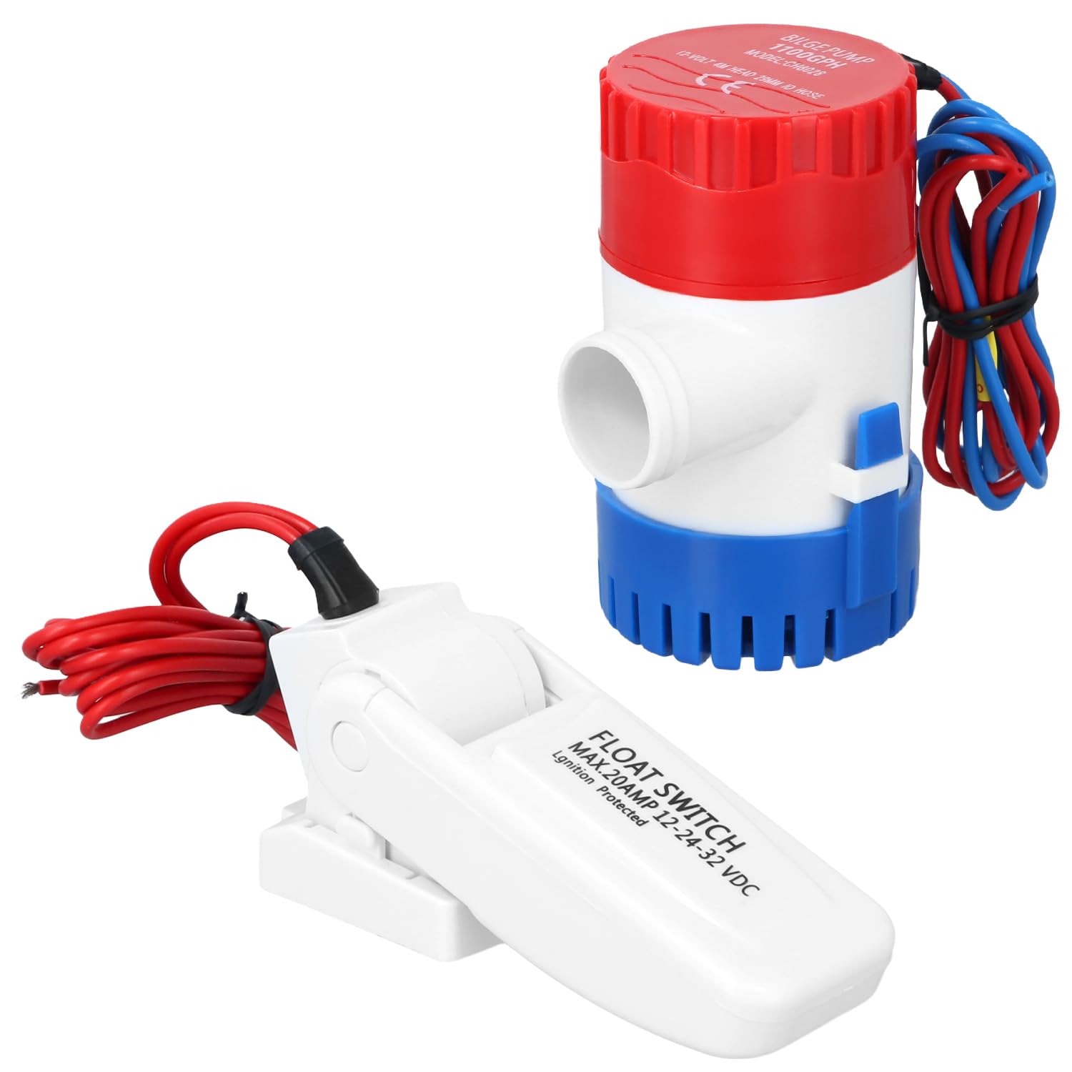 QWORK 1100 GPH 12V DC Automatic Bilge Water Pump and Float Switch Combo for Boats, Marine, RV, Aquariums - Compact, High Flow